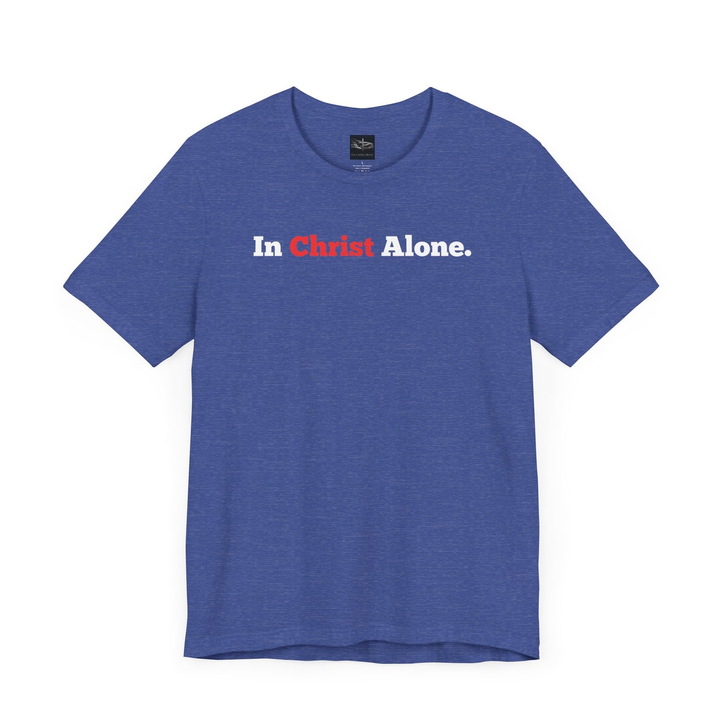 A heather true royal t-shirt with the words In Christ Alone