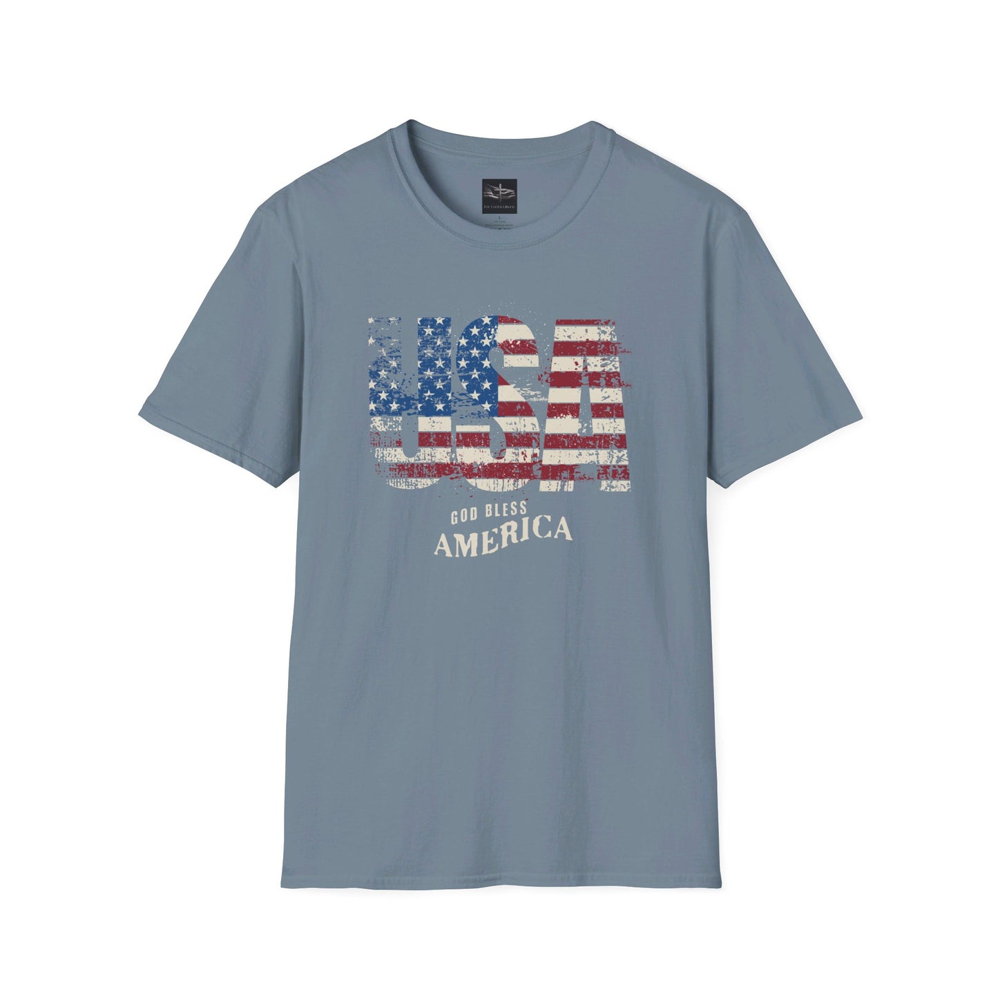 A stone blue t-shirt with the words USA God Bless America