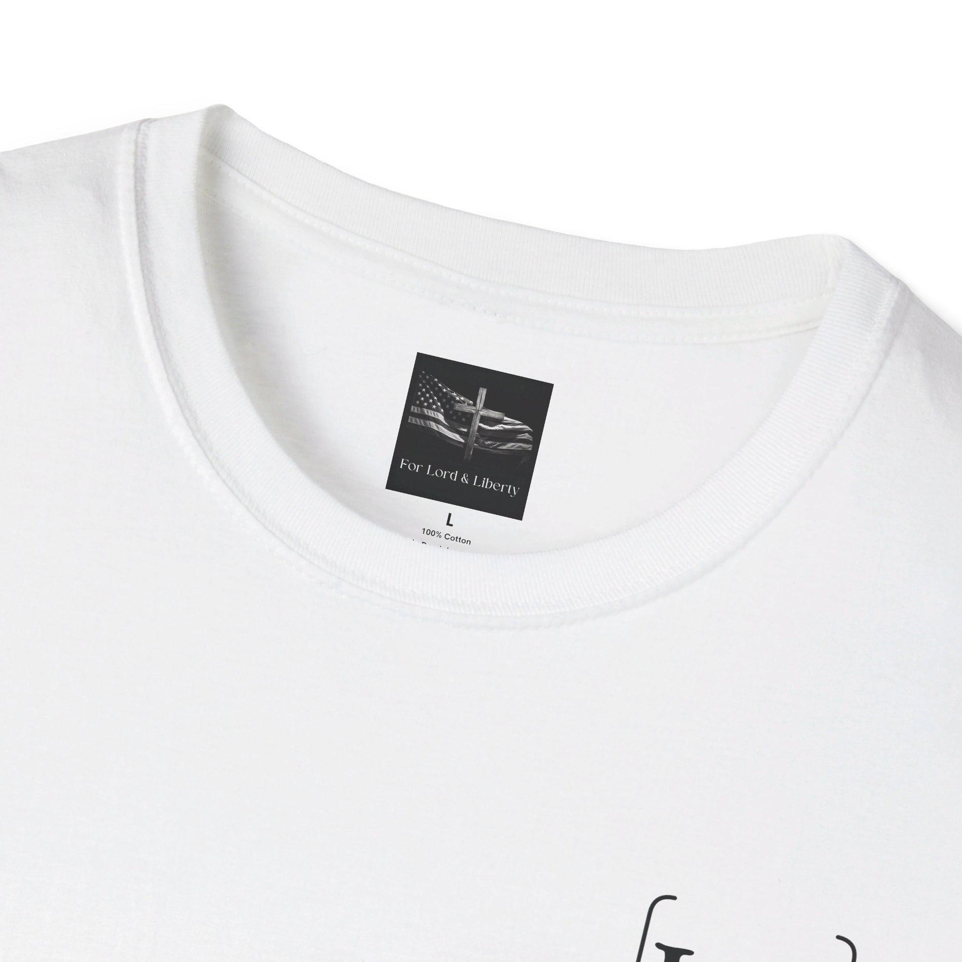 a white t-shirt with the for lord and liberty logo sizing tag