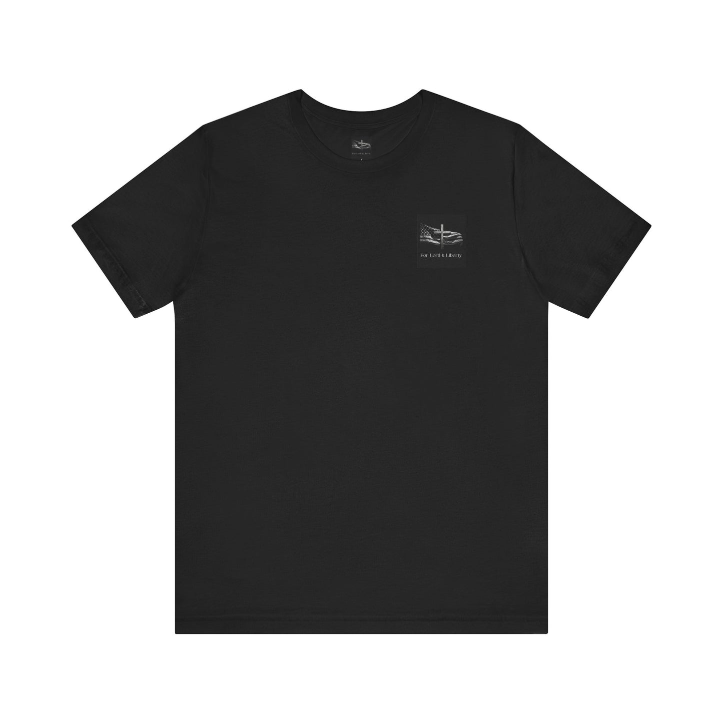 A black t-shirt with the for lord and liberty logo on the left pocket