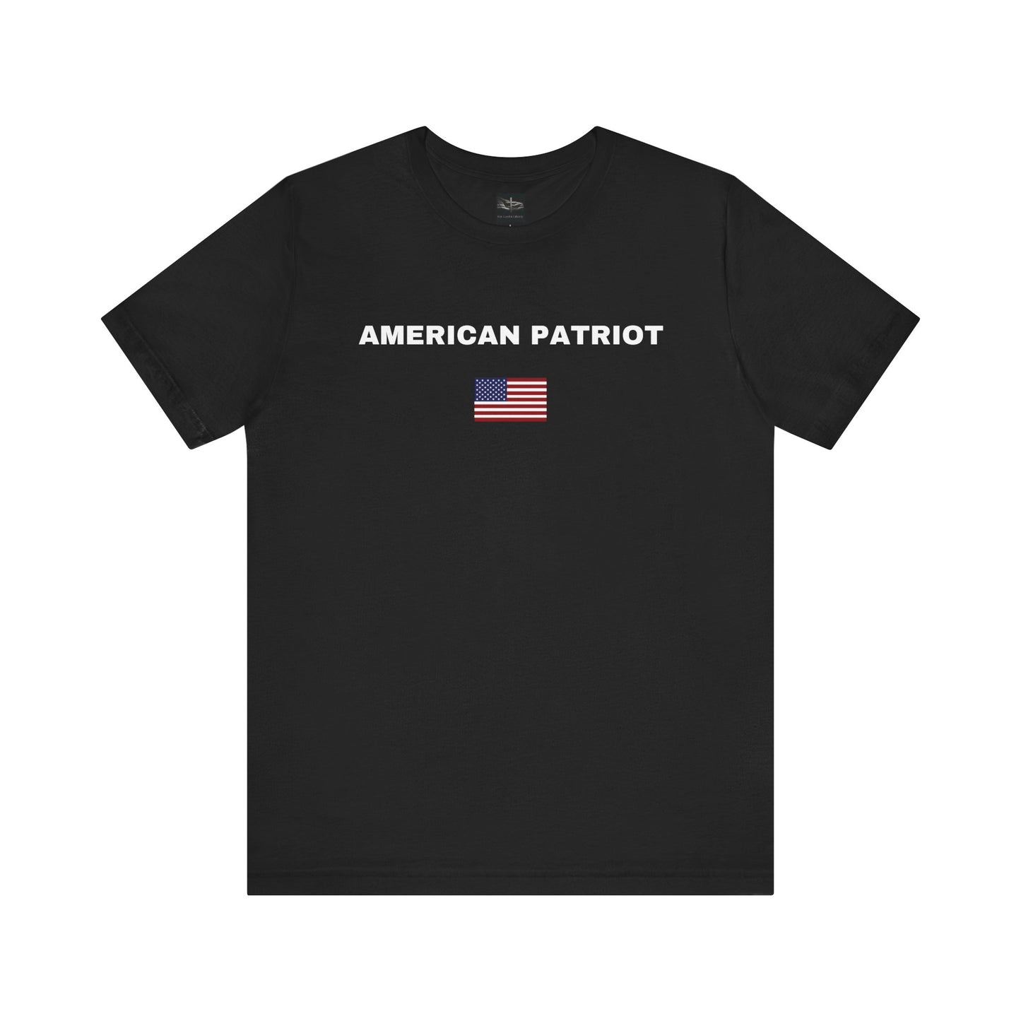 A black t-shirt with the words American Patriot in white letters and an American flag