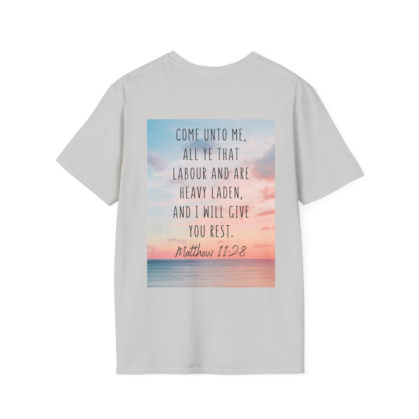 a ice grey color t-shirt with tranquil imagery with the Scripture Matthew 11:28: "Come unto me, all ye that labour and are heavy laden, and I will give you rest."