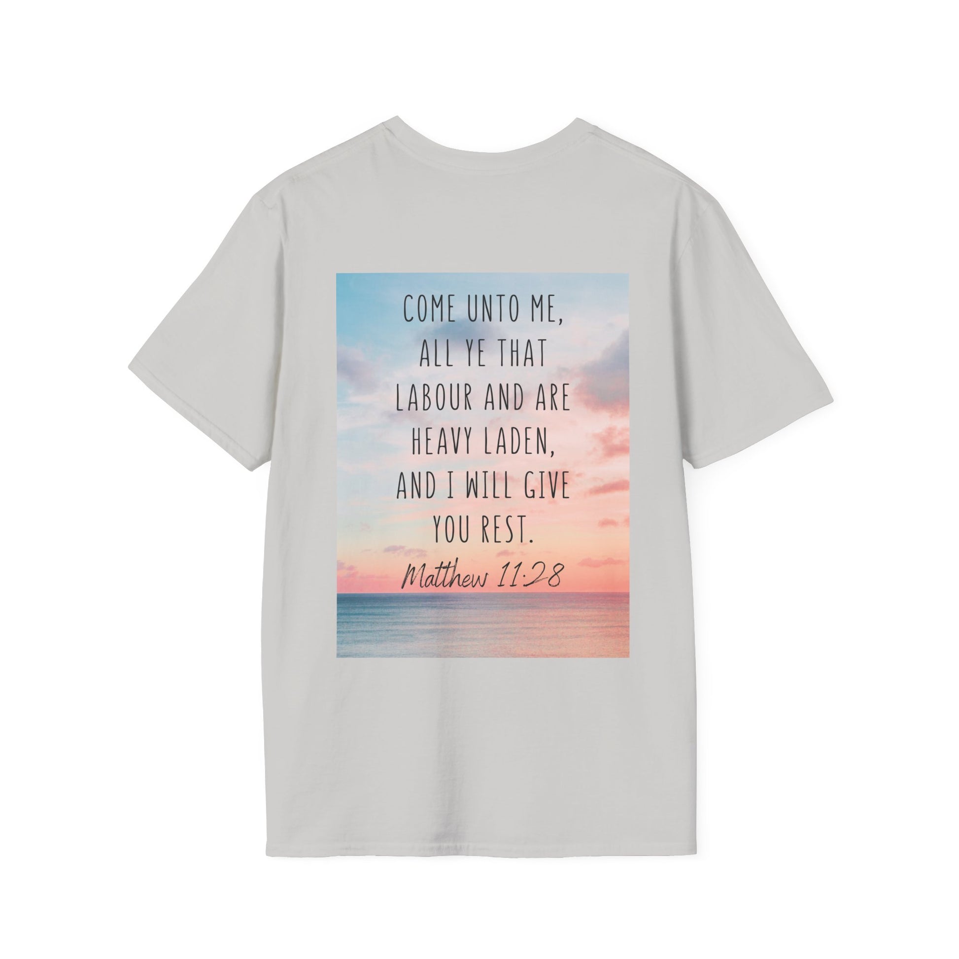 a ice grey color t-shirt with tranquil imagery with the Scripture Matthew 11:28: "Come unto me, all ye that labour and are heavy laden, and I will give you rest."