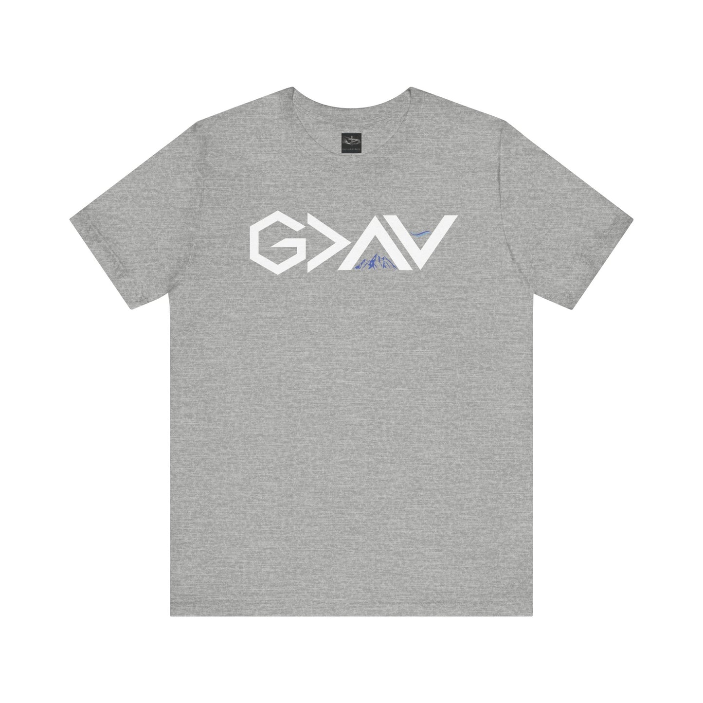 A athletic heather gray t-shirt with the words God is Greater than the Mountains and Valleys