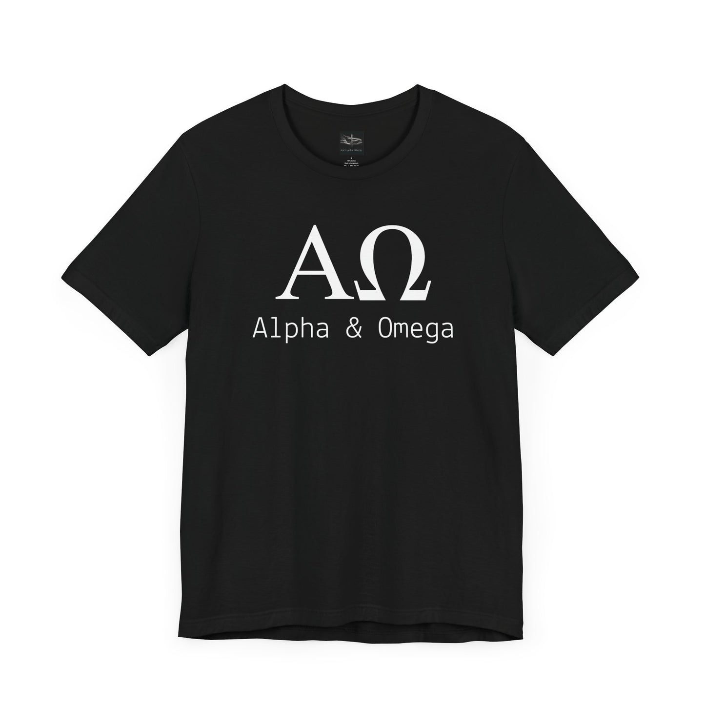 A black t-shirt with the Greek symbols alpha and omega