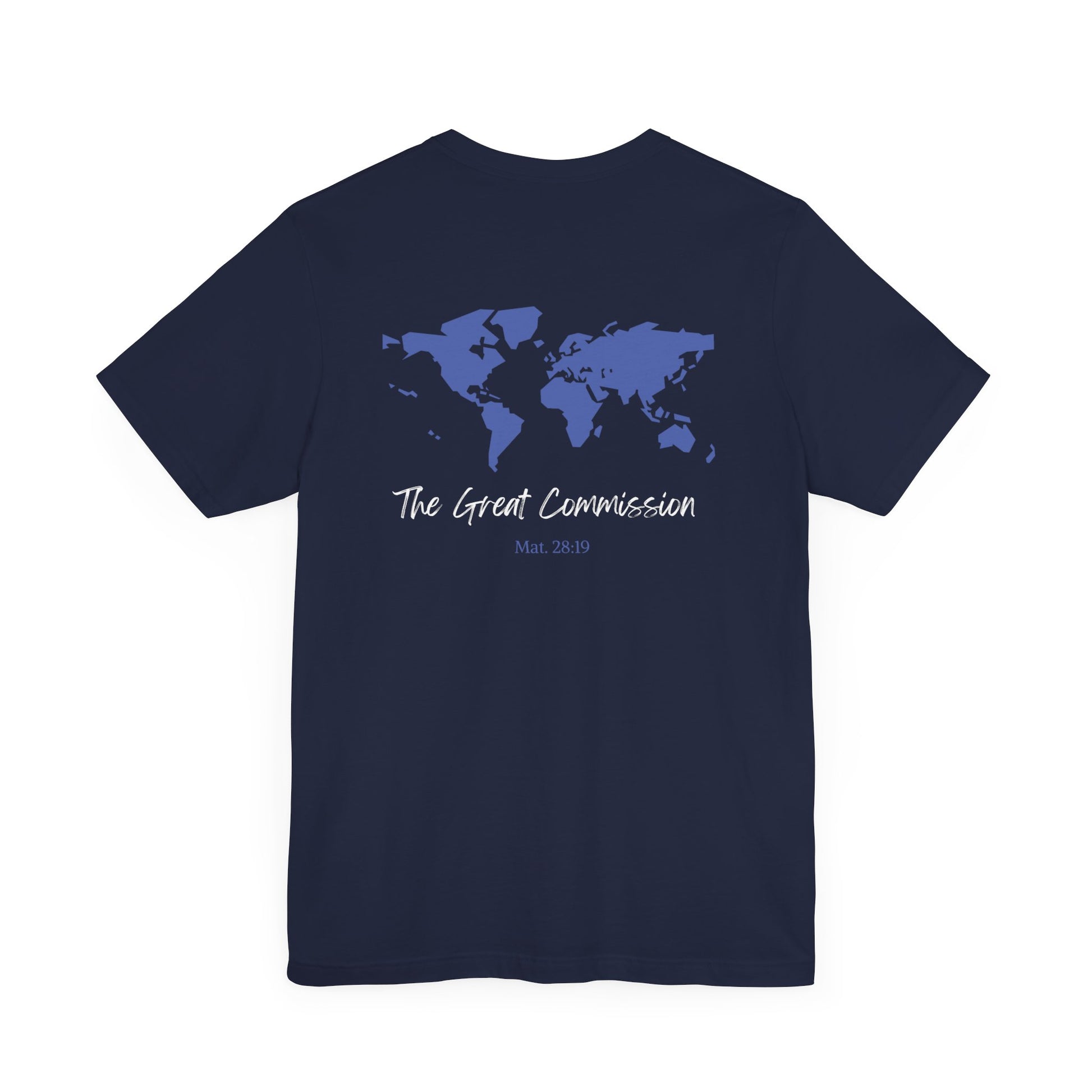 A navy t-shirt with a map of the world with the words The Great Commission and Scripture Mat. 28:19