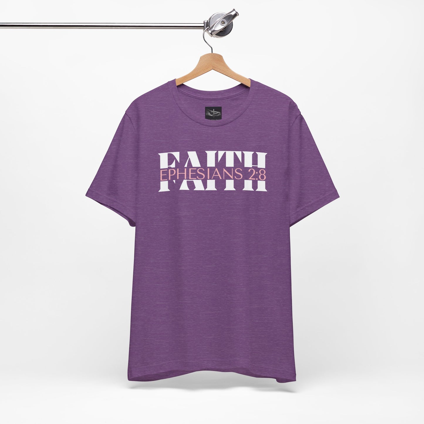 A heather team purple t-shirt with the word Faith and Ephesians 2:8