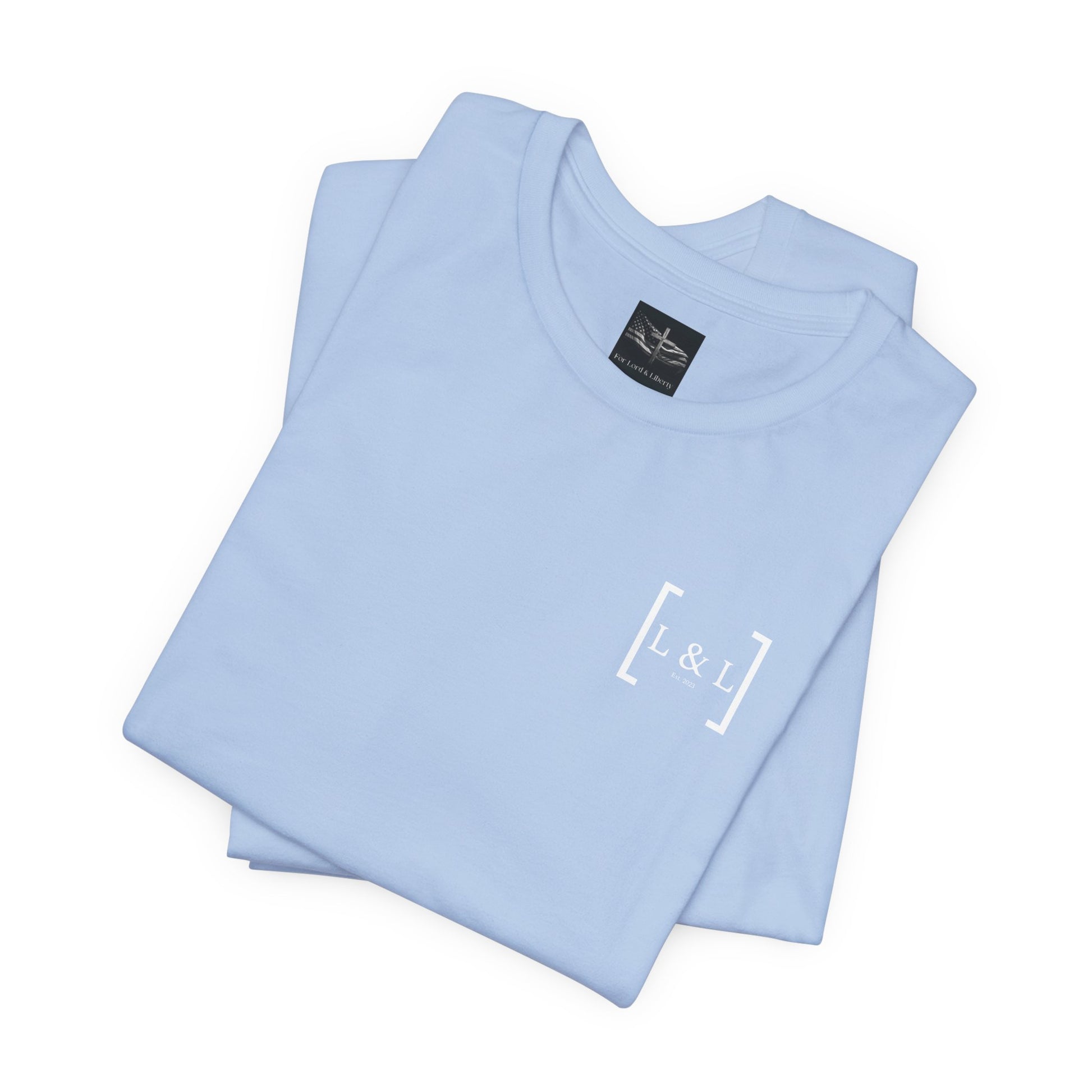 A baby blue t-shirt with the words L&L established 2023 on the left pocket