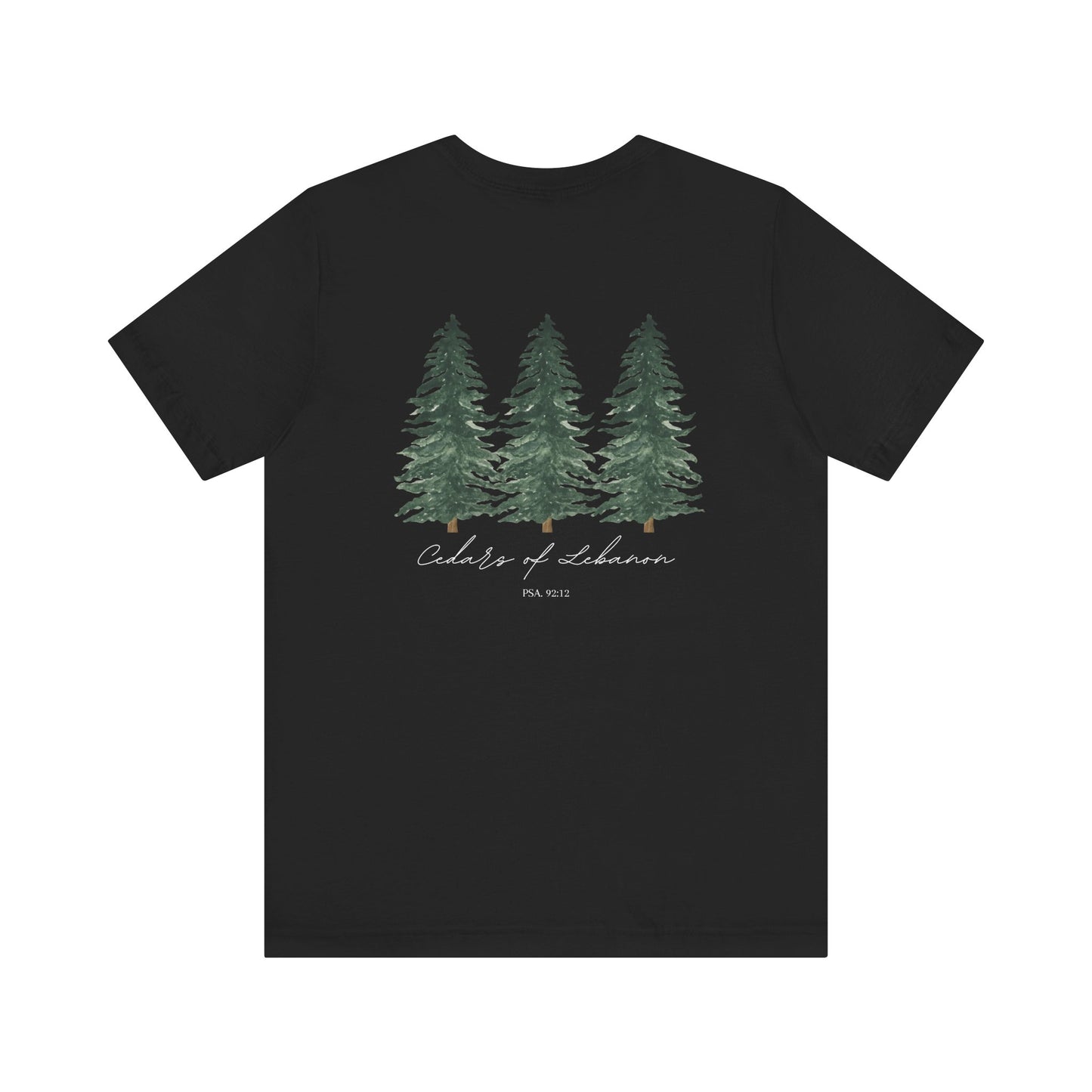 An black  t-shirt with three cedar trees and the words Cedars of Lebanon and Psalms 92:12