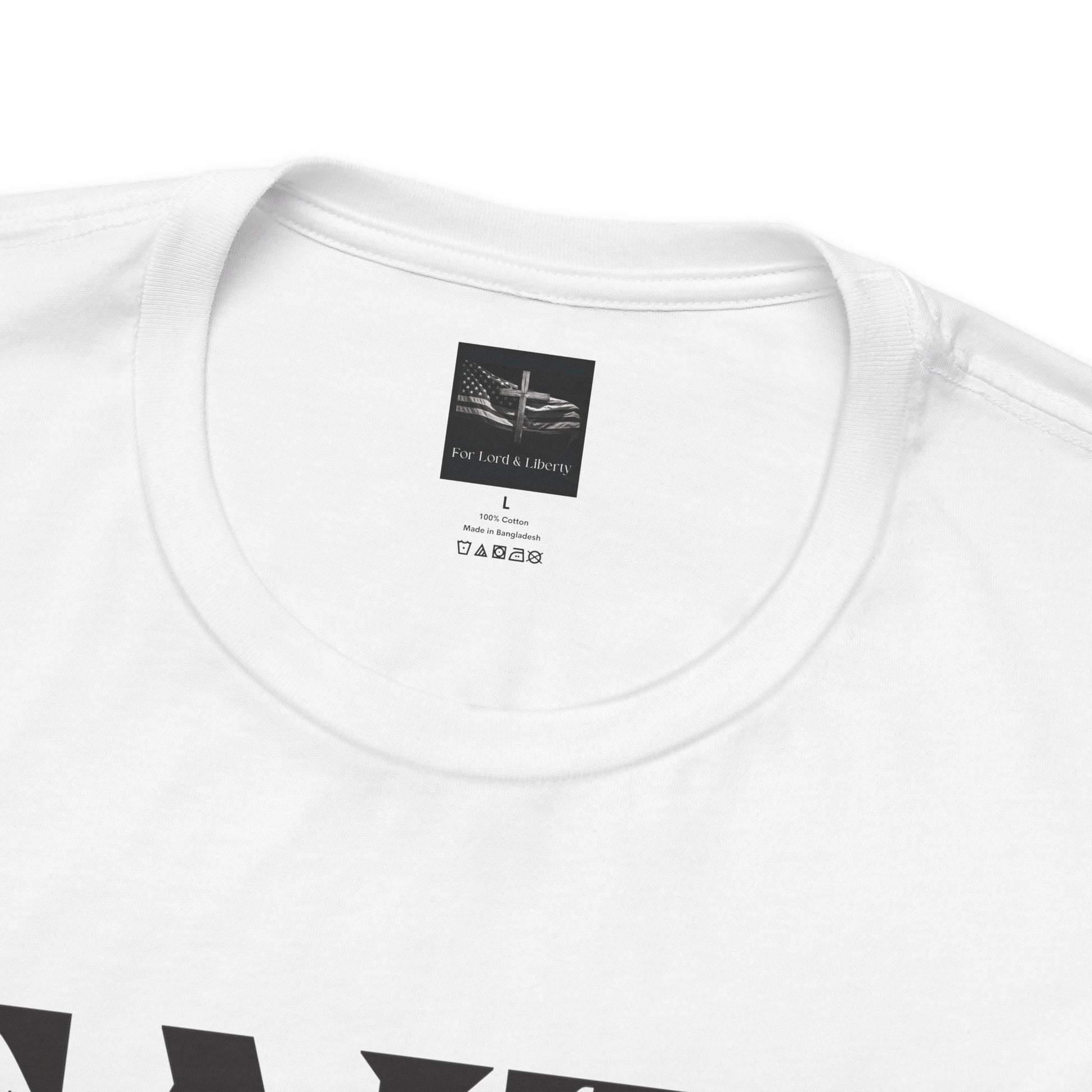 A white t-shirt with a for lord and liberty t-shirt tag