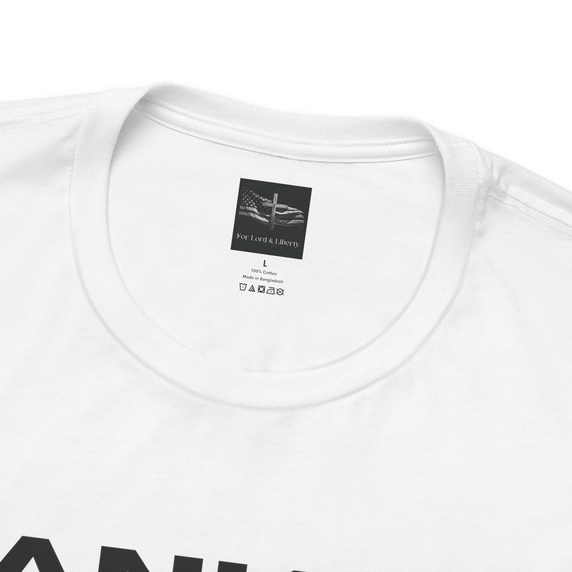 A white t-shirt with the for lord and liberty t-shirt tag