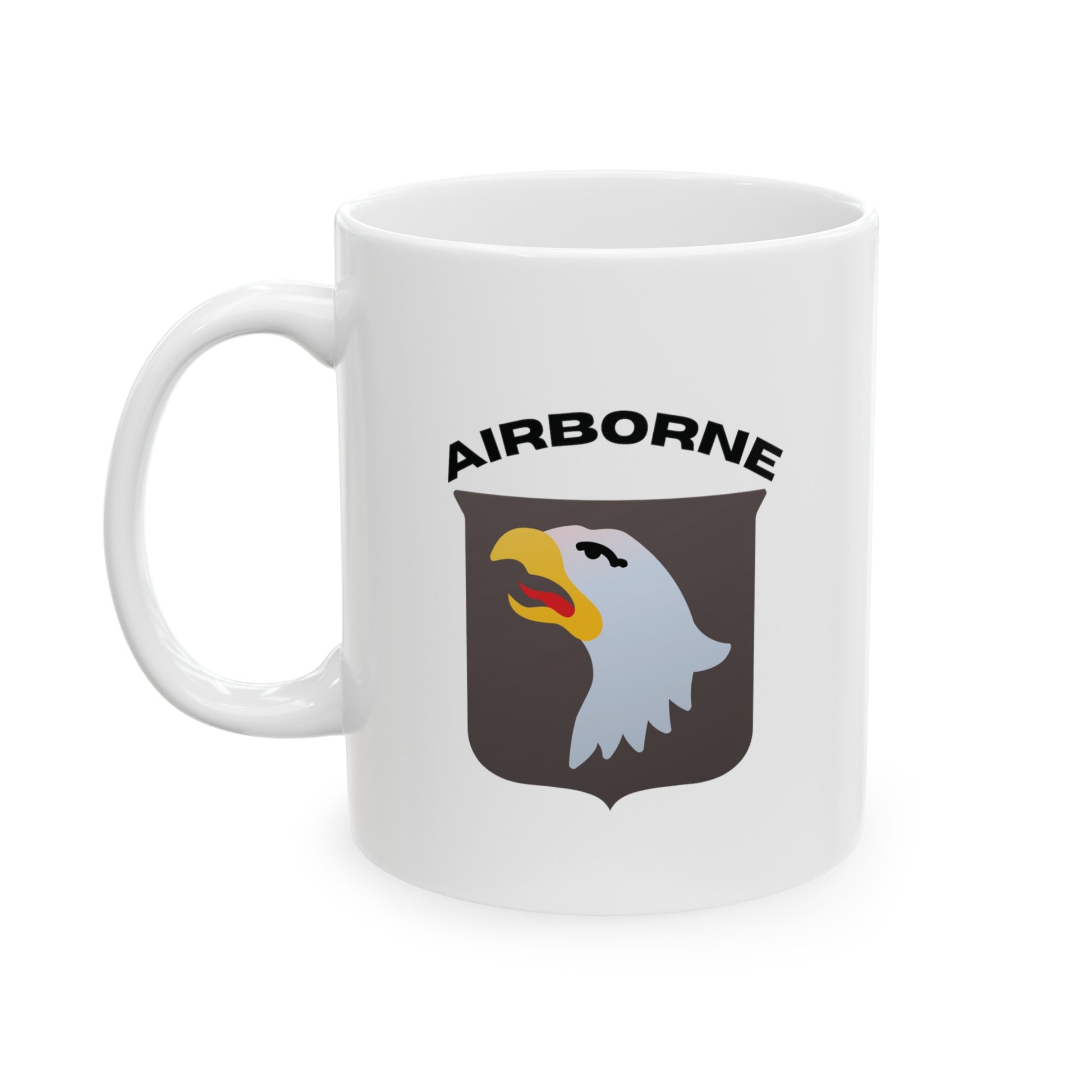 a white mug with the 101st Airborne logo with the words Airborne in black