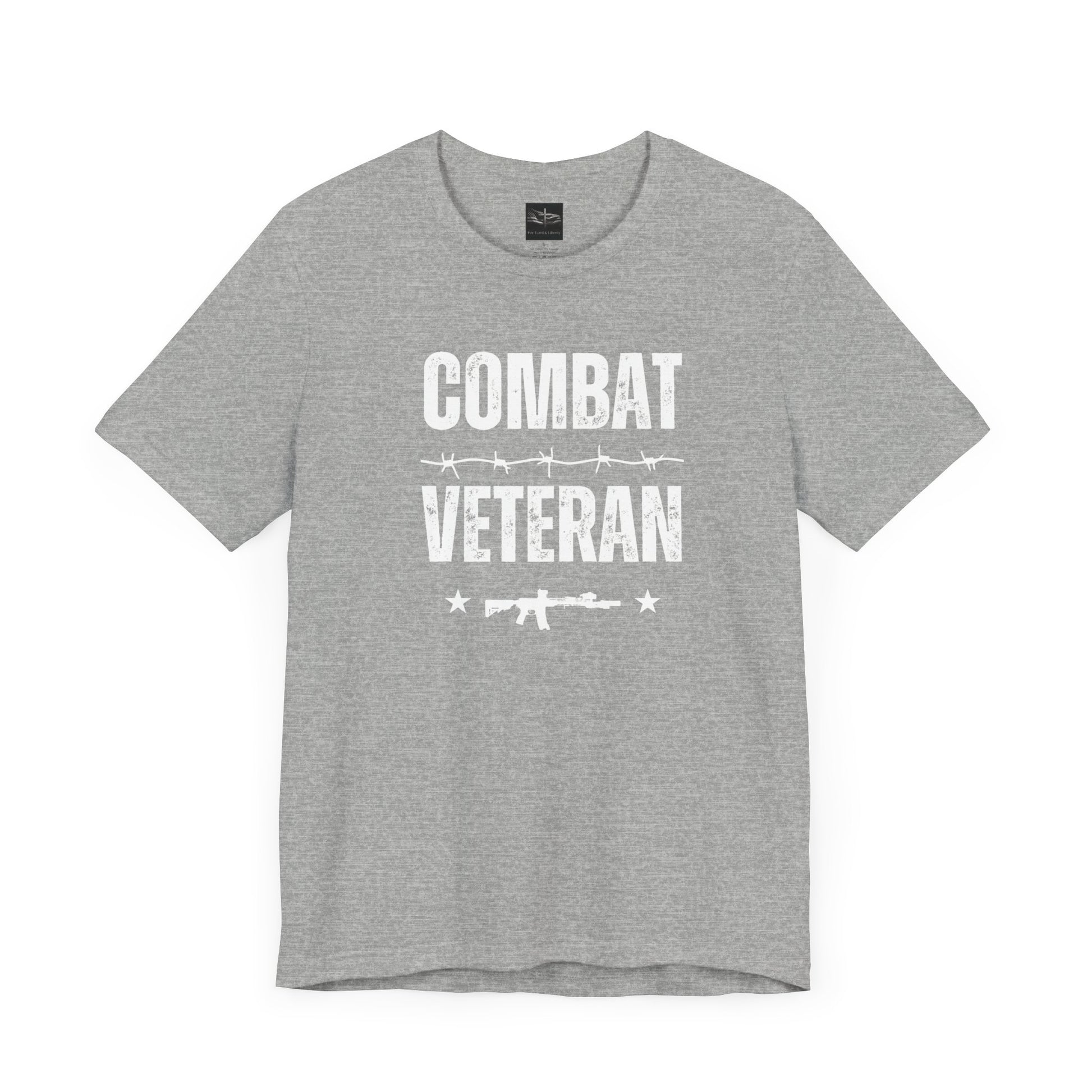 A athletic heather gray t-shirt with the words combat veteran that includes a m-4 rifle, stars, and barb wire