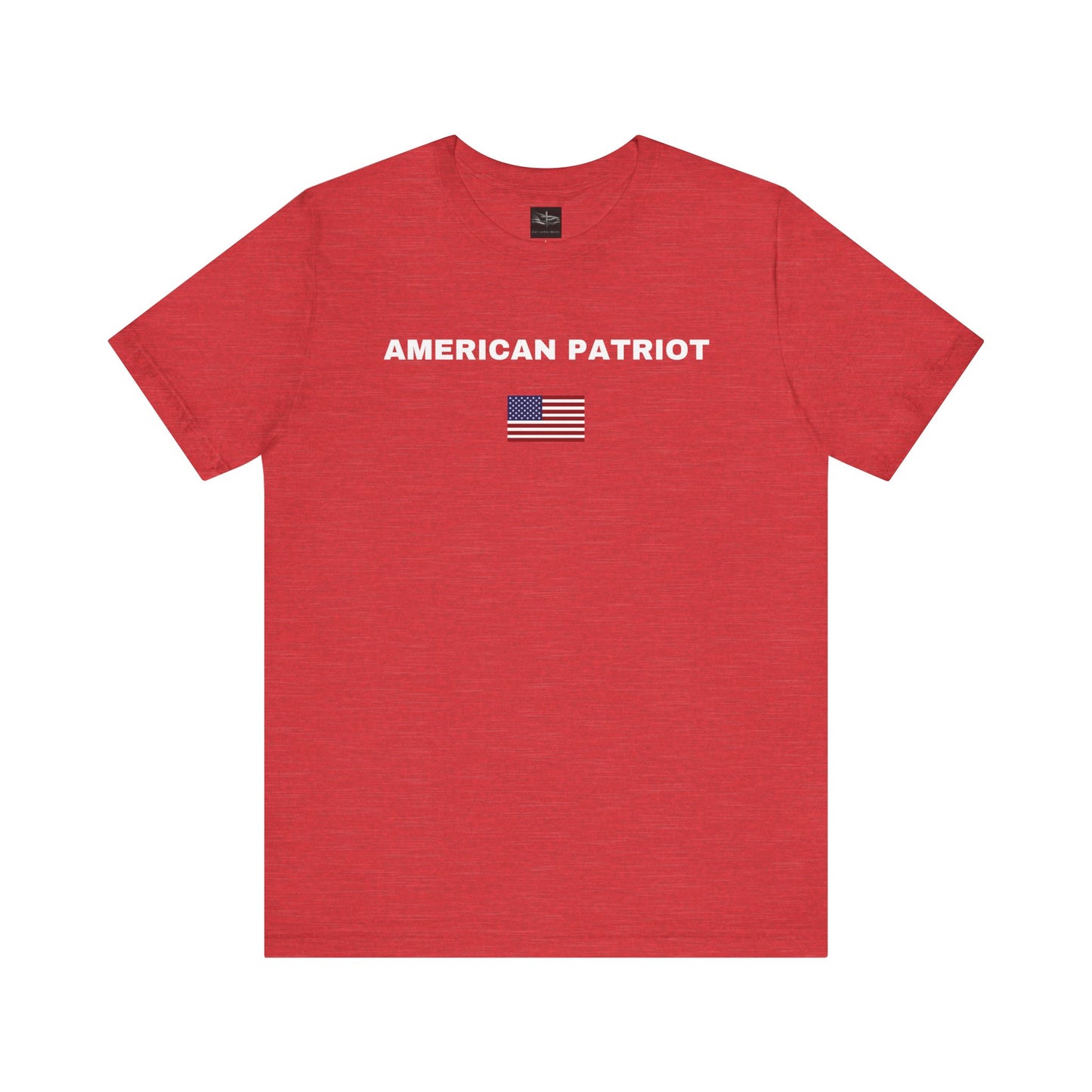 A red t-shirt with the words American Patriot in white with an American flag