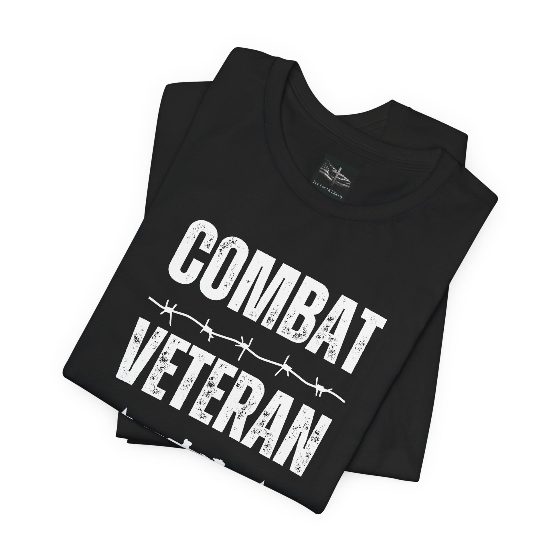 A black t-shirt with the words combat veteran that includes a m-4 rifle, stars, and barb wire