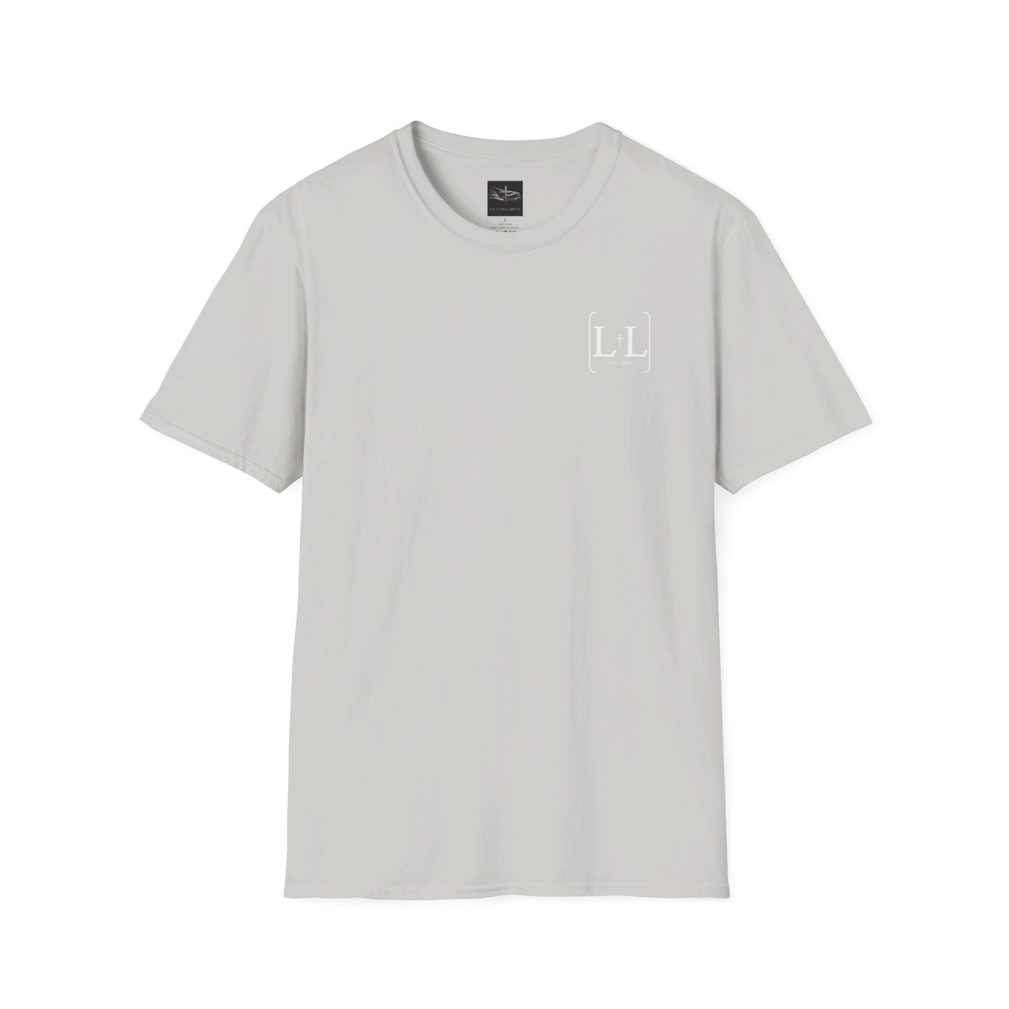 a ice grey t-shirt with the for lord and liberty logo