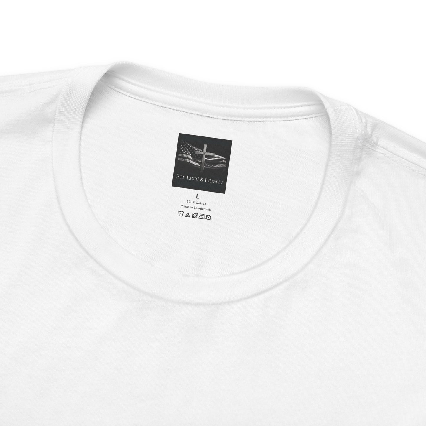 A white t-shirt with a for lord and liberty t-shirt tag