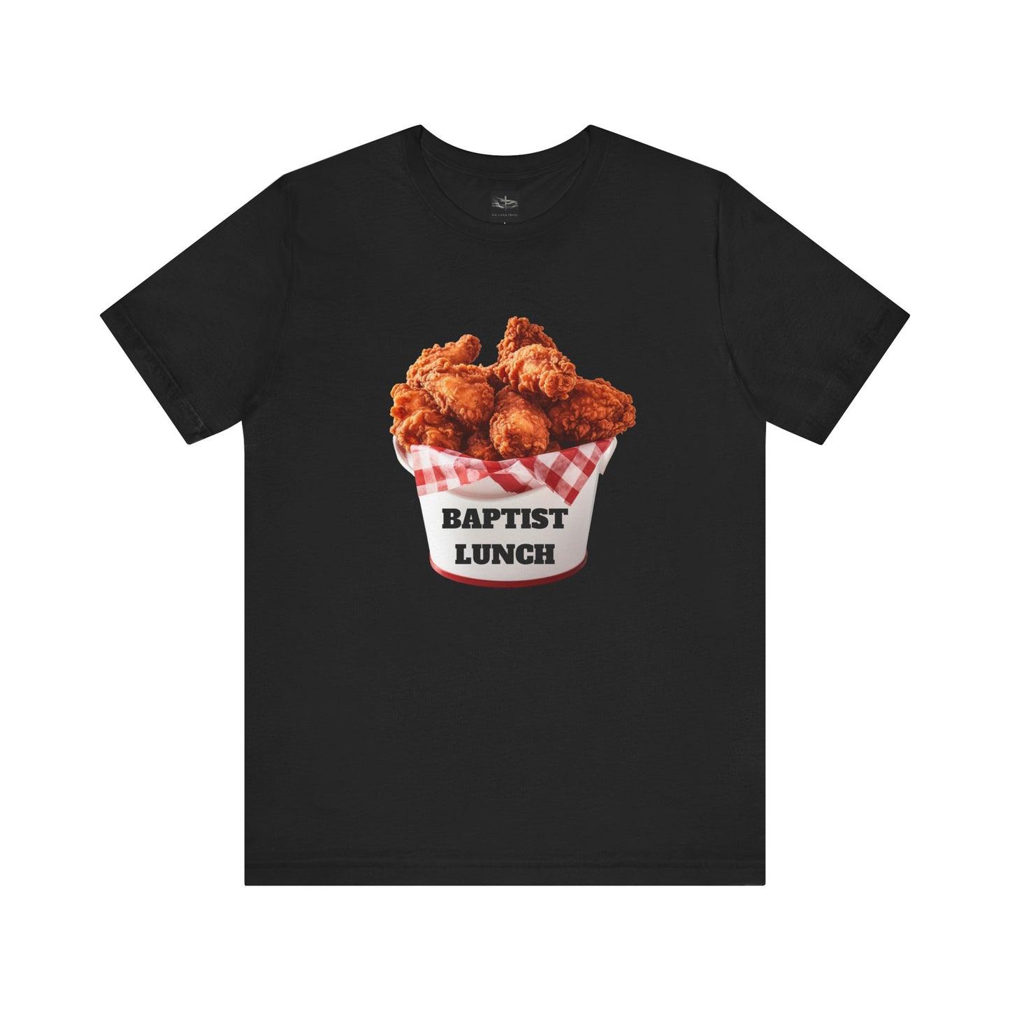 A black t-shirt with a bucket of fried chicken with the words Baptist Lunch on it