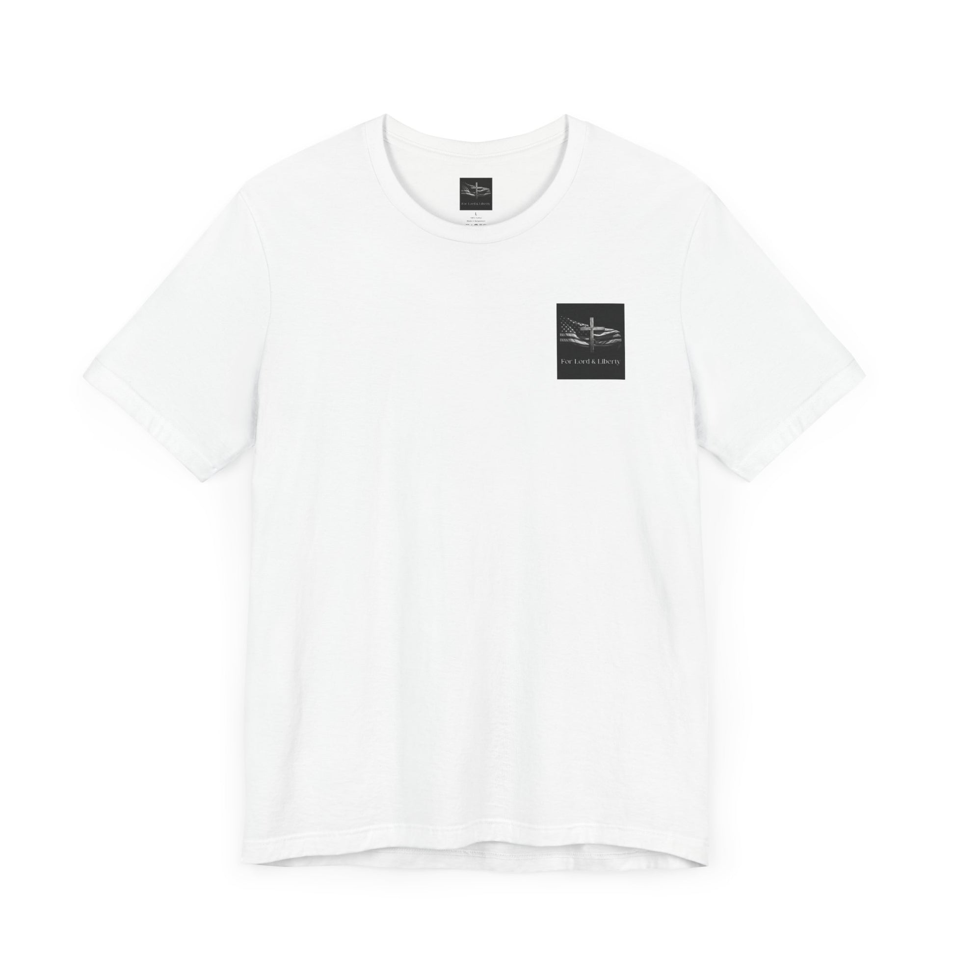 A white t-shirt with the for lord and liberty logo on the left pocket