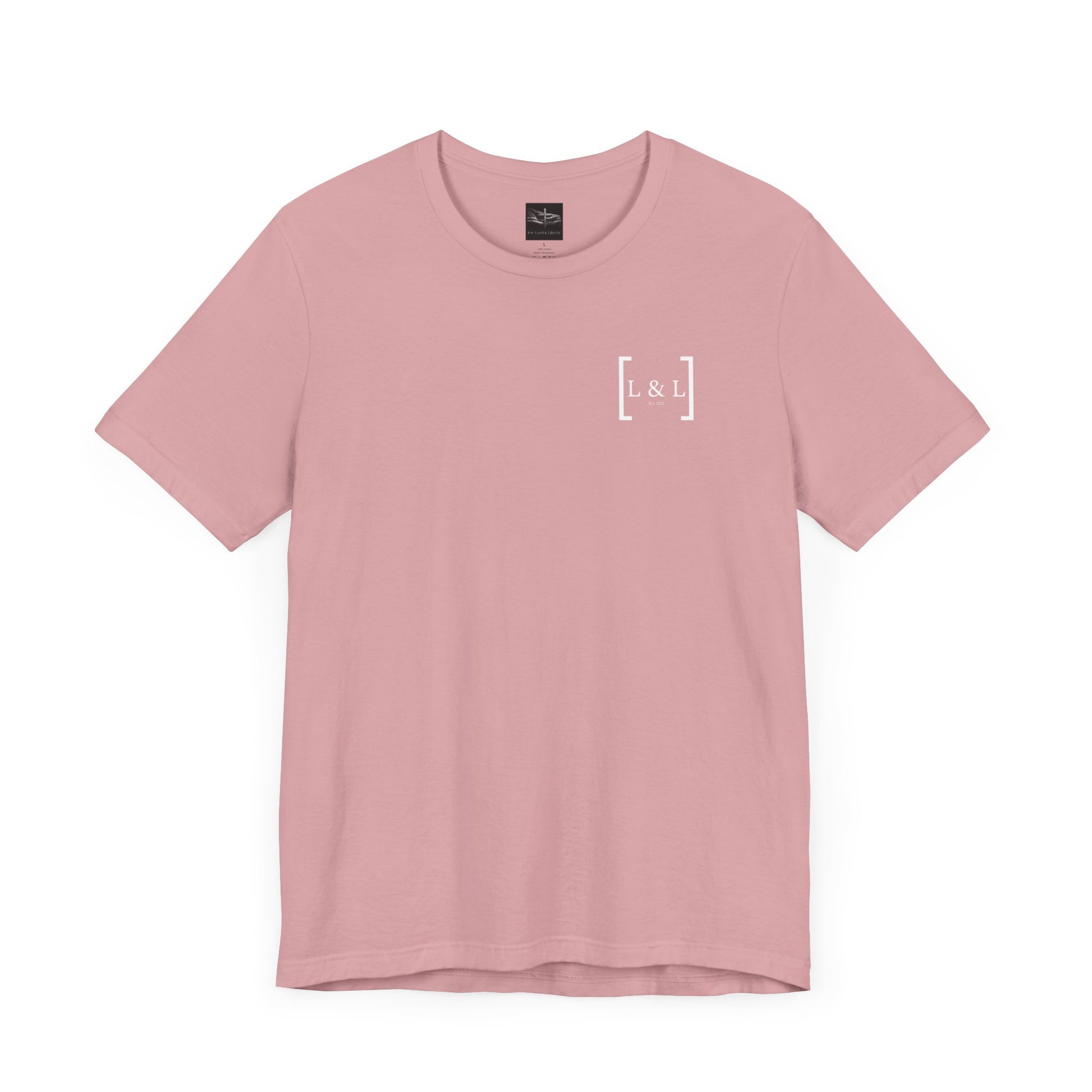 A orchid color t-shirt with the words L&L established 2023 on the left pocket