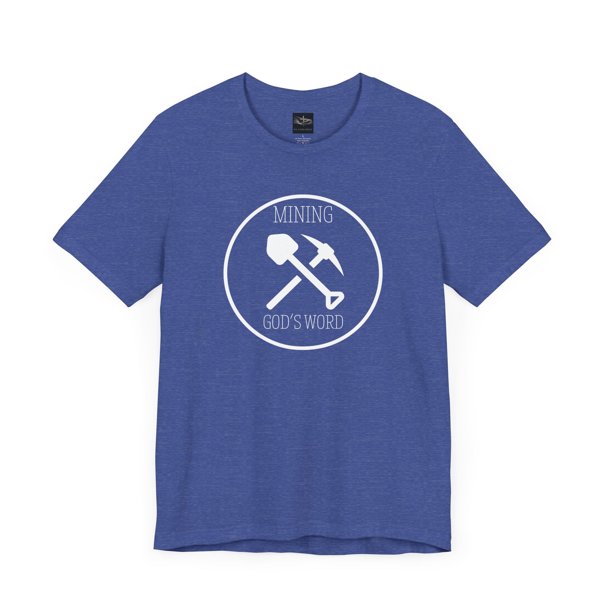 A heather true royal t-shirt with the words Mining God's Word with a picture of a shovel and pick axe