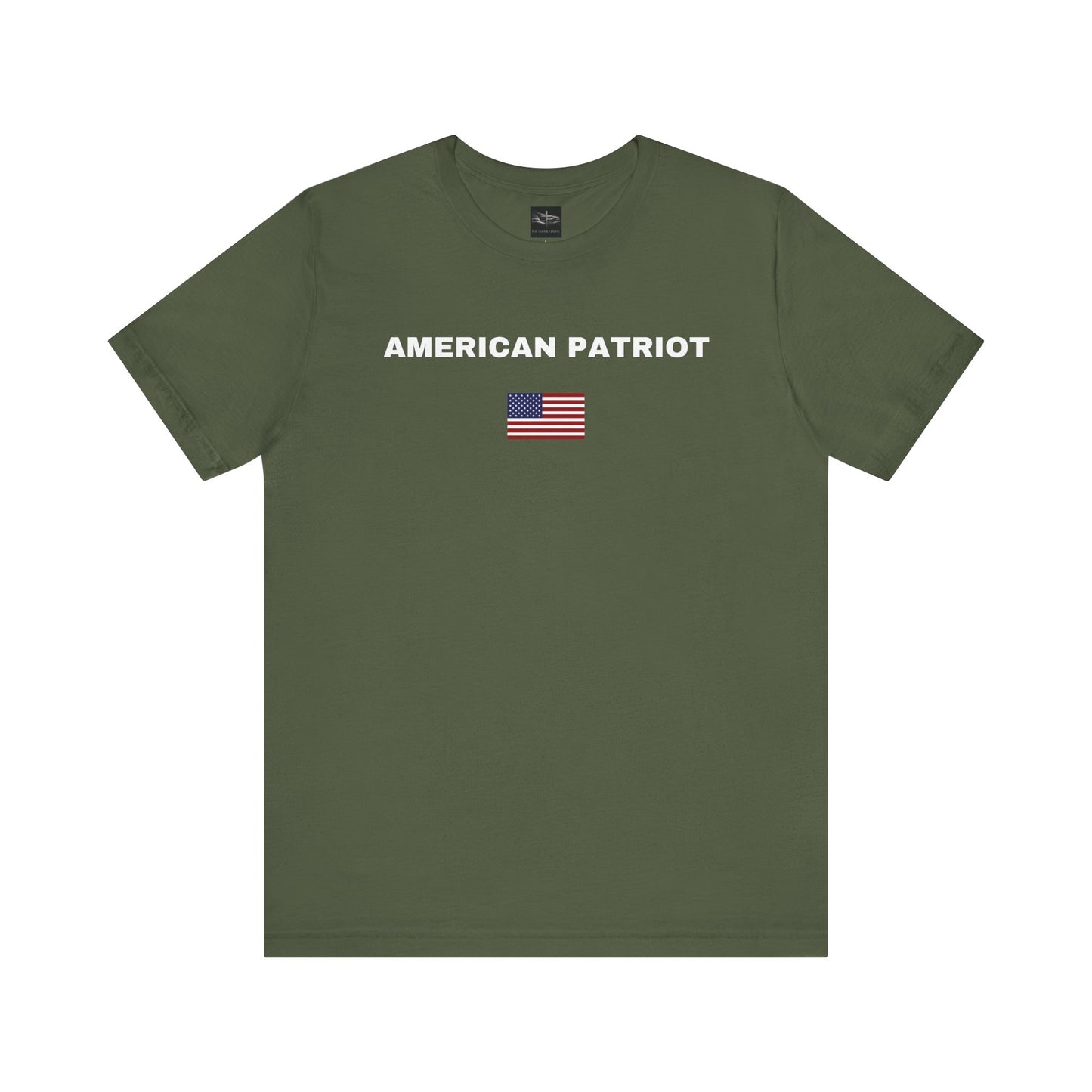 A military green t-shirt with the words American Patriot in white with an American flag