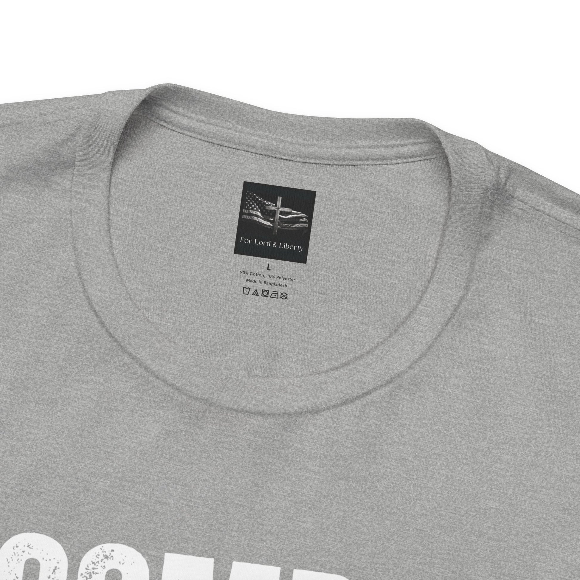 An athletic heather gray t-shirt with a for lord and liberty t-shirt tag