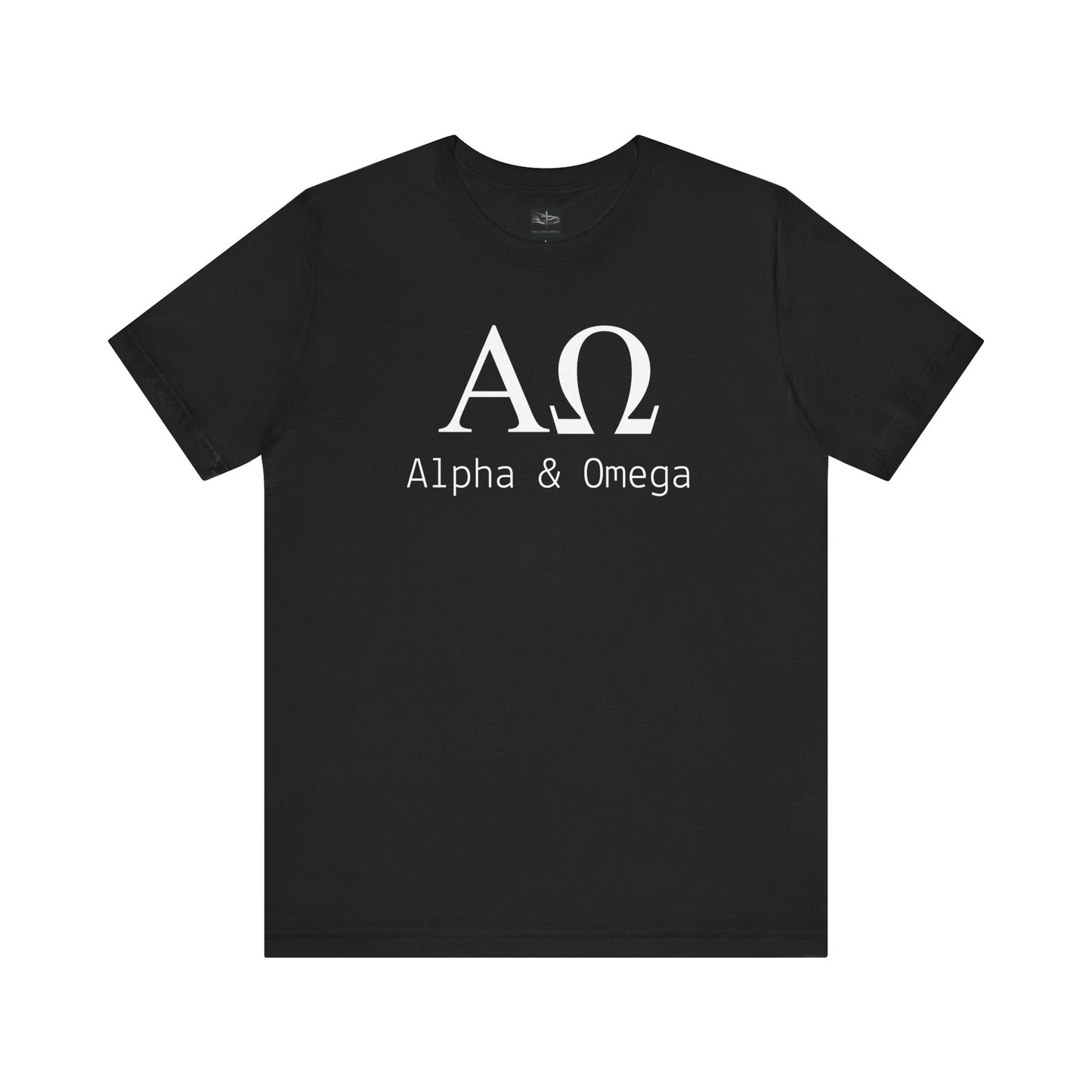 A black t-shirt with the Greek symbols alpha and omega