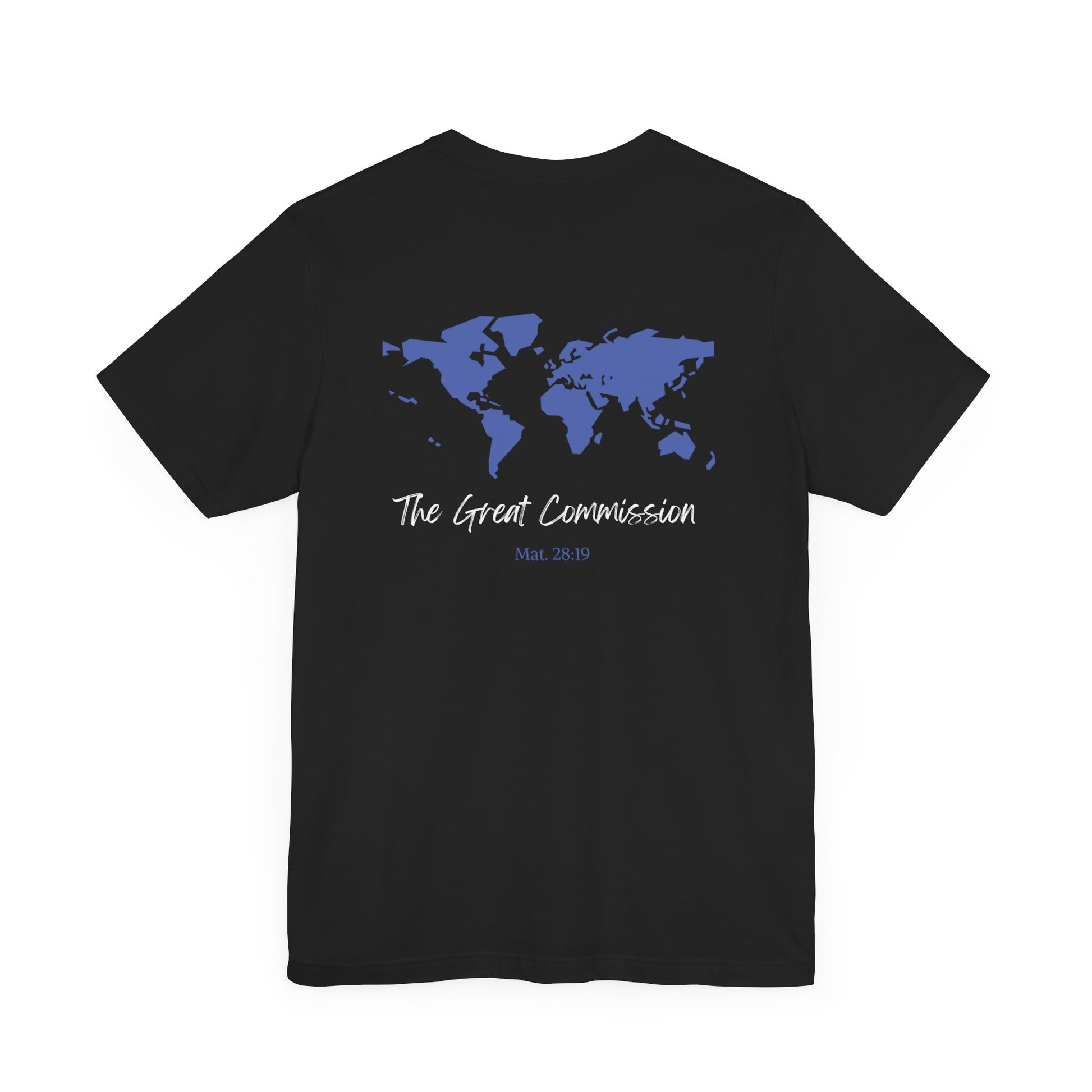 A black t-shirt with a map of the world with the words The Great Commission and Scripture Mat. 28:19