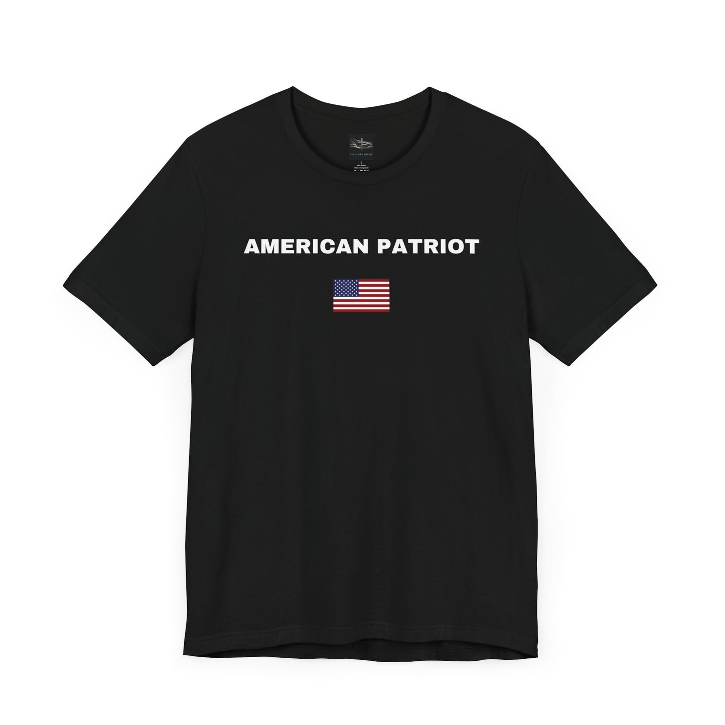 A black t-shirt with the words American Patriot in white with an American flag