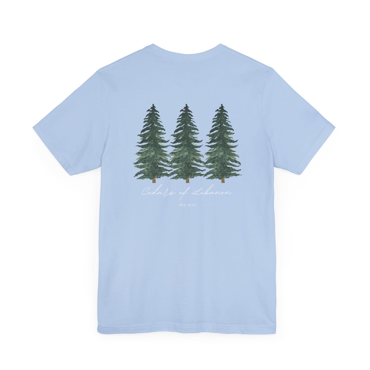 A baby blue t-shirt with three cedar trees and the words Cedars of Lebanon and Psalms 92:12