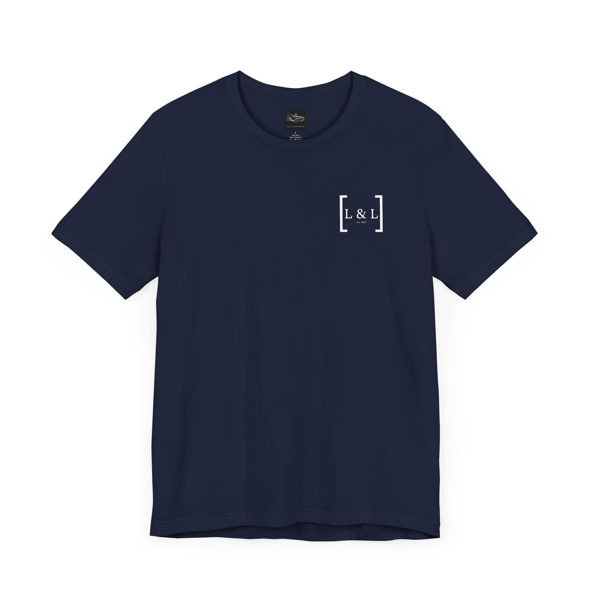 A navy t-shirt with a map of the world with the words The Great Commission and Scripture Mat. 28:19