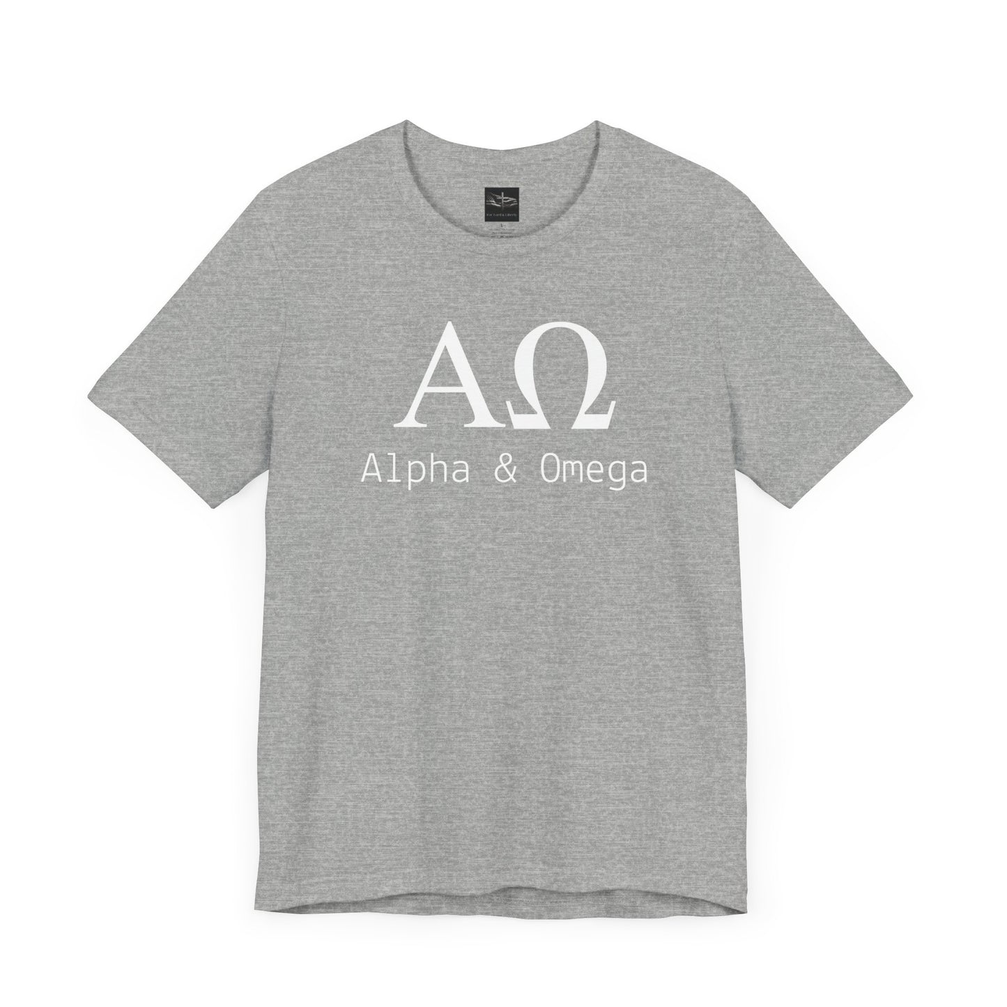 A athletic heather gray t-shirt with the Greek symbols alpha and omega