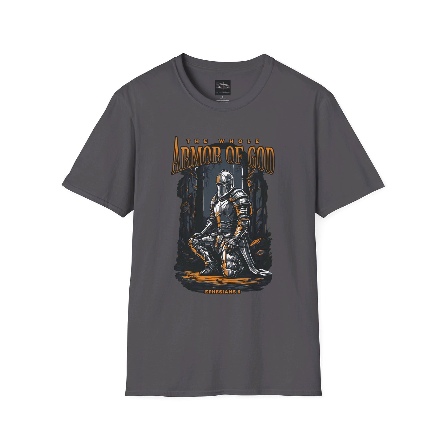 An charcoal t-shirt with a picture of someone wearing the whole armor of God