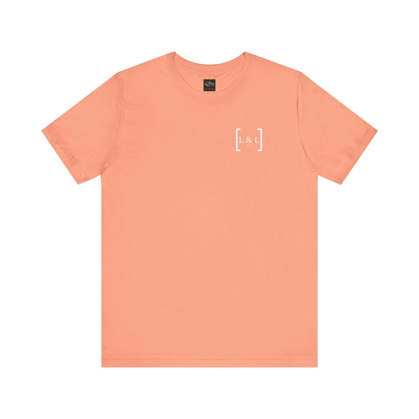 A sunset orange t-shirt with the words L&L established 2023 on the left pocket