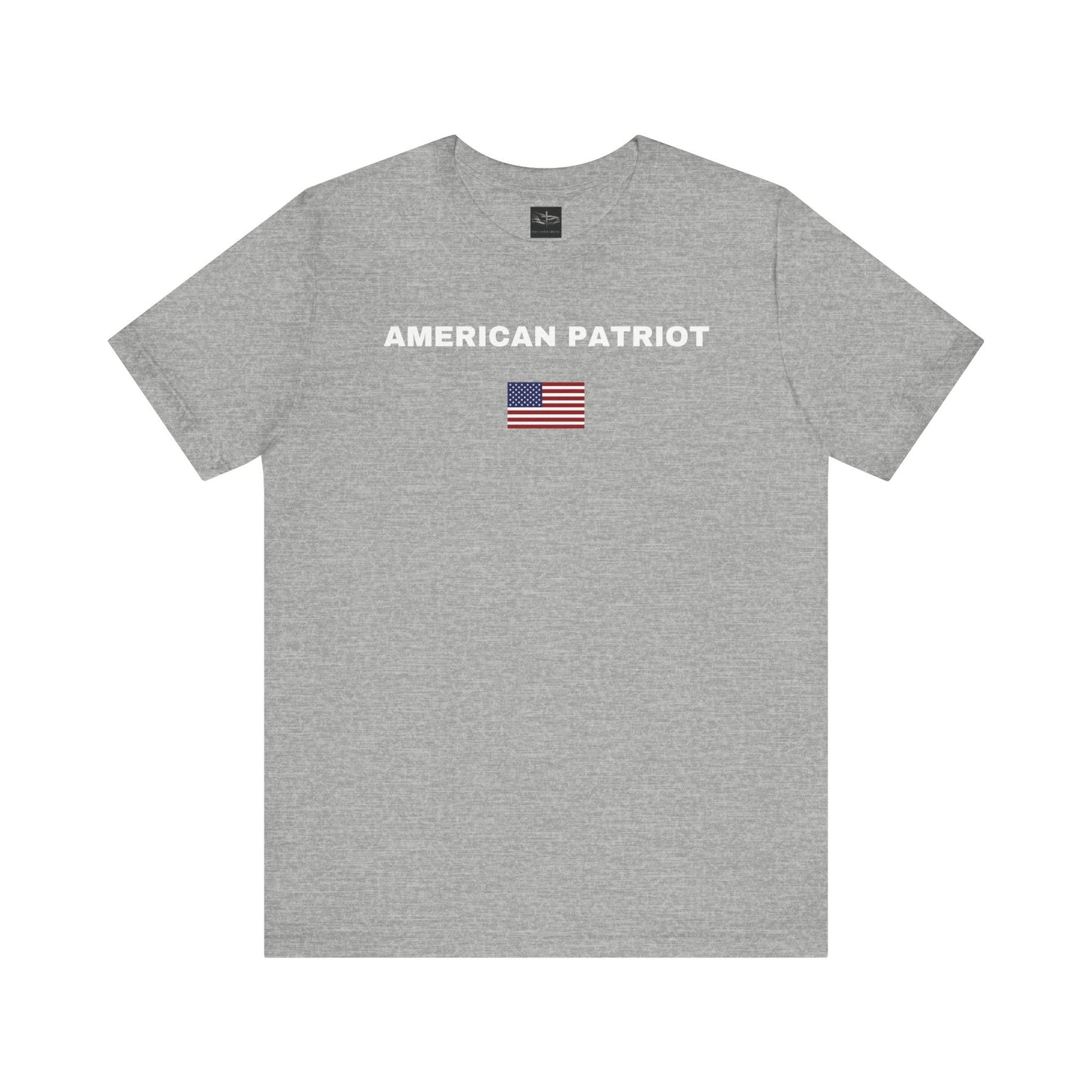 Gray t-shirt with the words American Patriot in white and an American flag