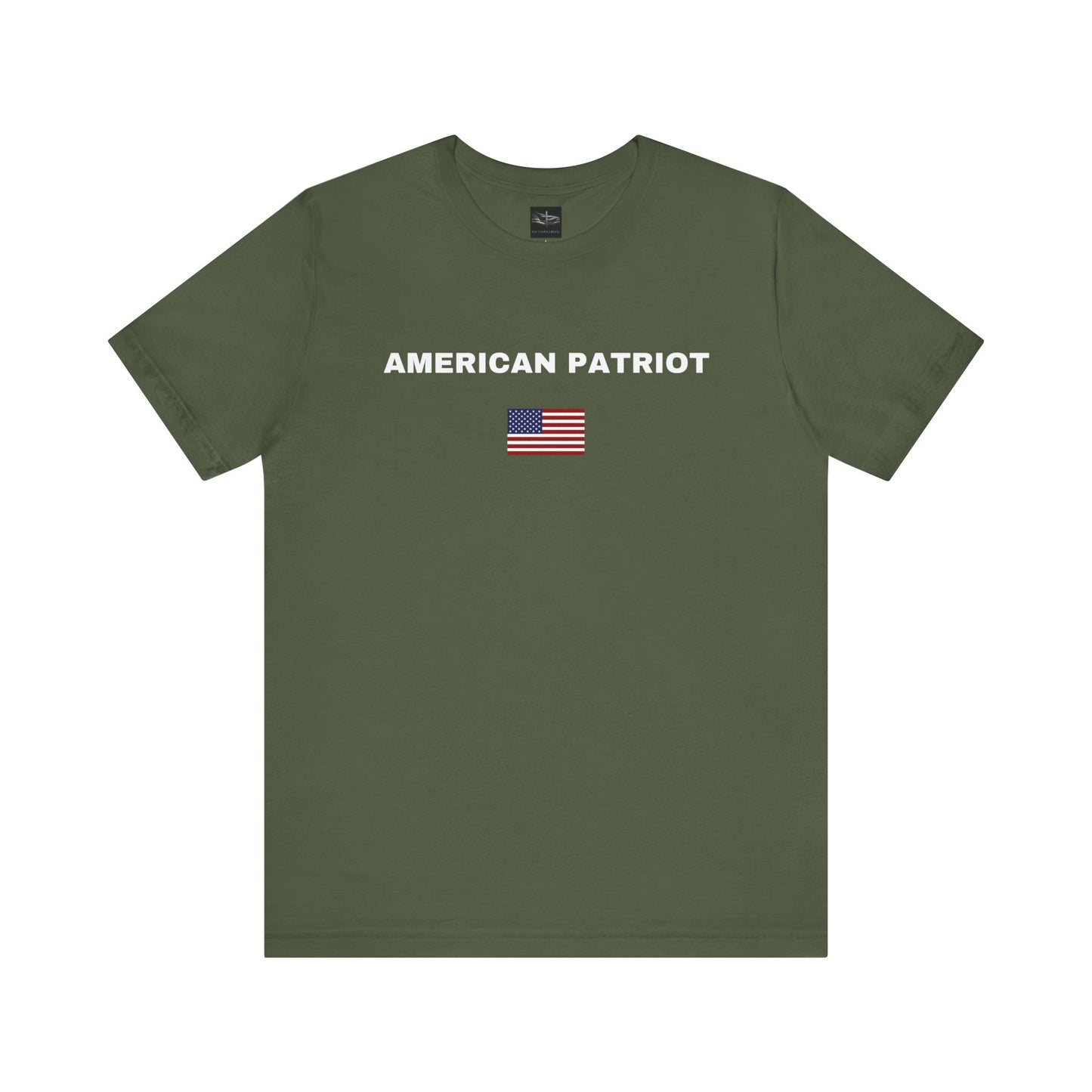 A military green t-shirt with the words American Patriot in white with an American flag