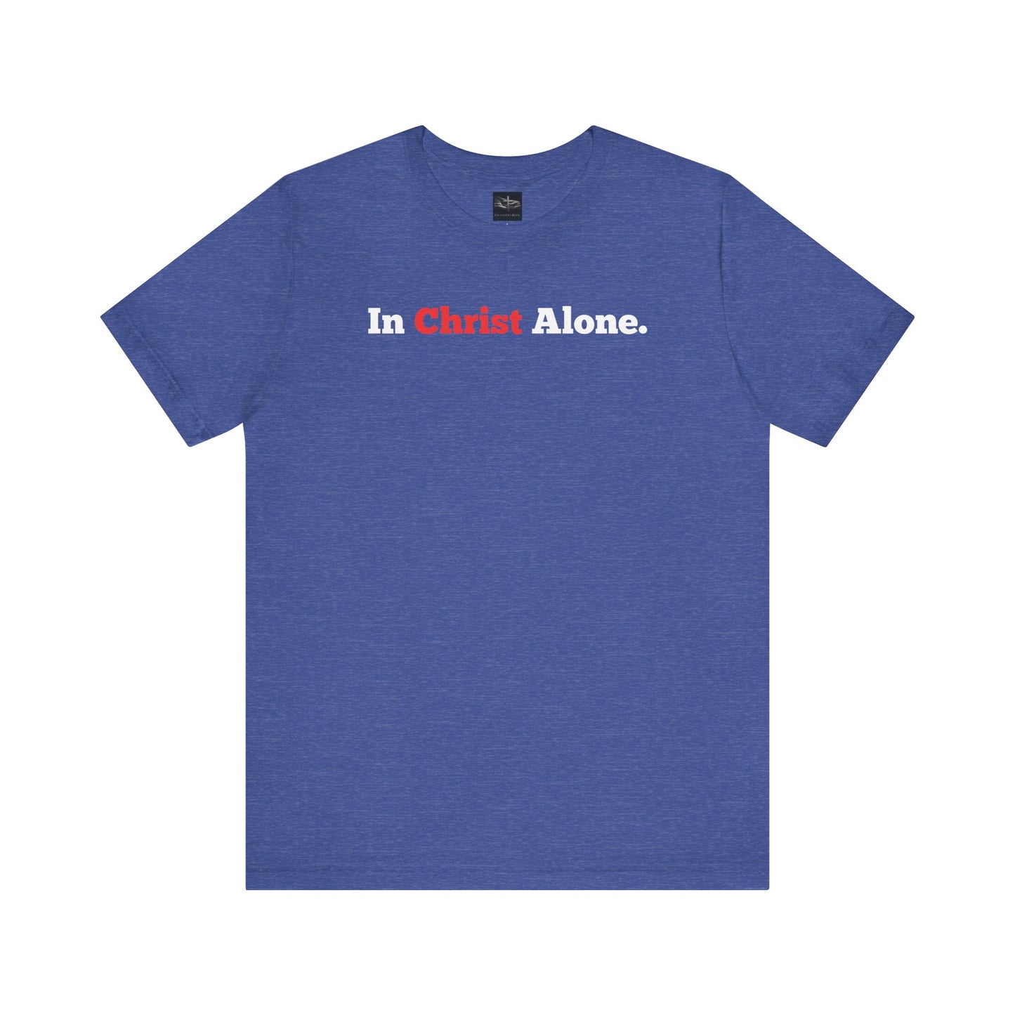 A heather true royal t-shirt with the words In Christ Alone