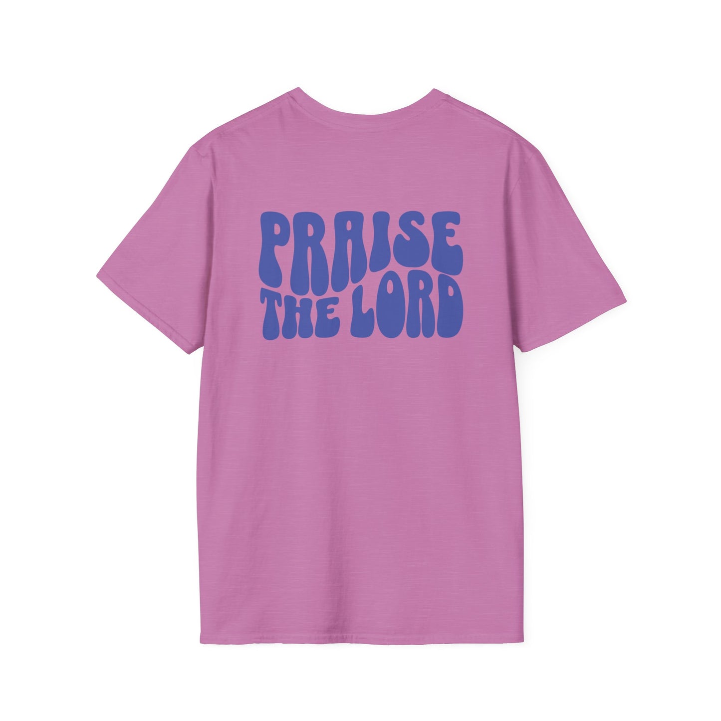 a heather radiant orchid t-shirt with the words Praise The Lord in blue