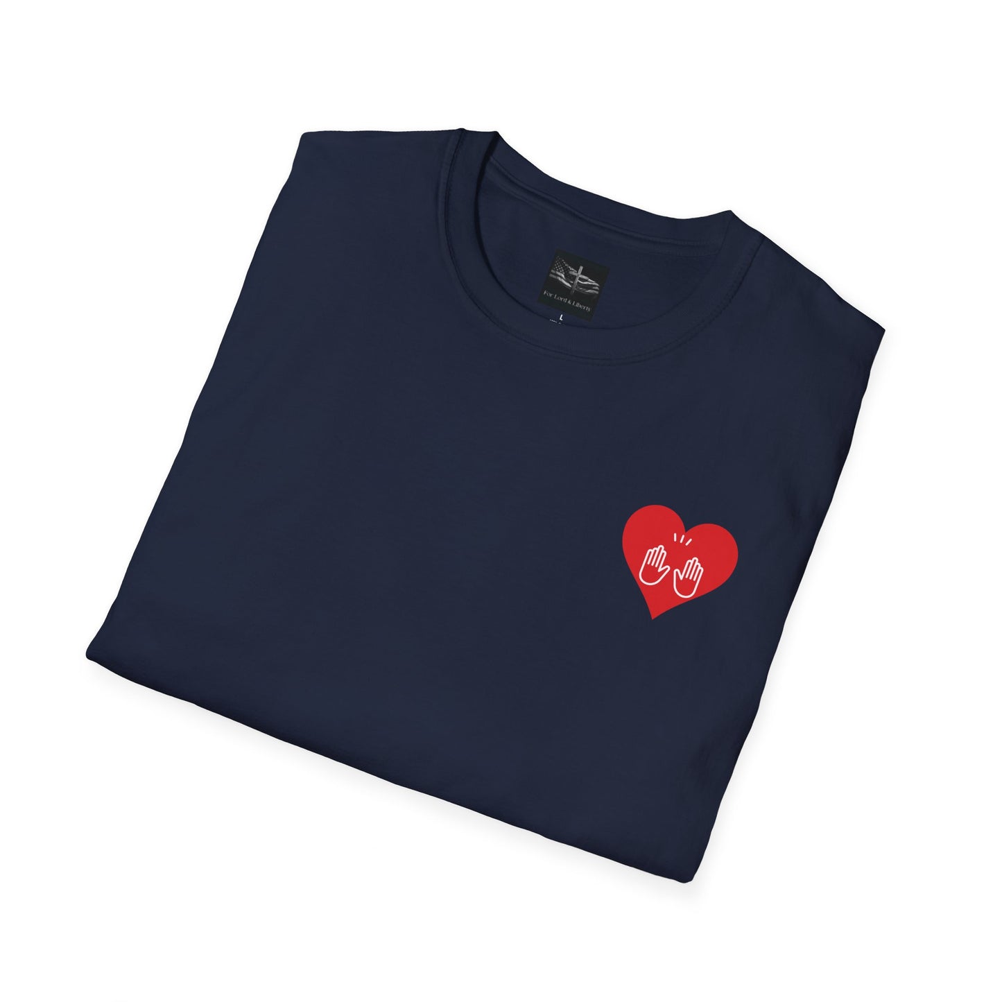 a navy t-shirt with a red heart logo with praise hands