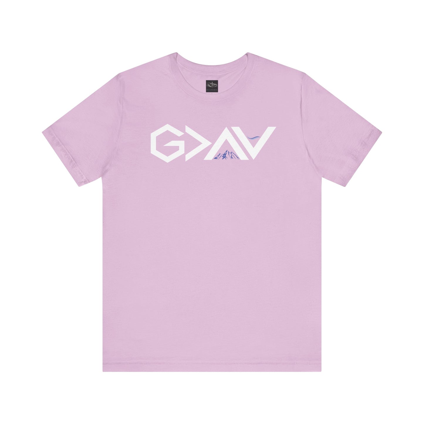 A lilac t-shirt with the words God is Greater than the Mountains and Valleys