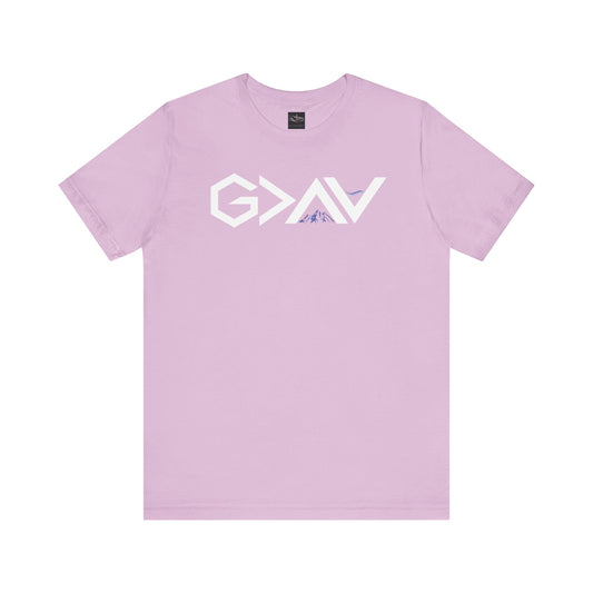 A lilac t-shirt with the words God is Greater than the Mountains and Valleys