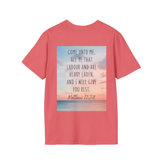 a coral silk color t-shirt with tranquil imagery with the Scripture Matthew 11:28: "Come unto me, all ye that labour and are heavy laden, and I will give you rest."