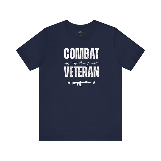 A navy t-shirt with the words combat veteran that includes a m-4 rifle, stars, and barb wire