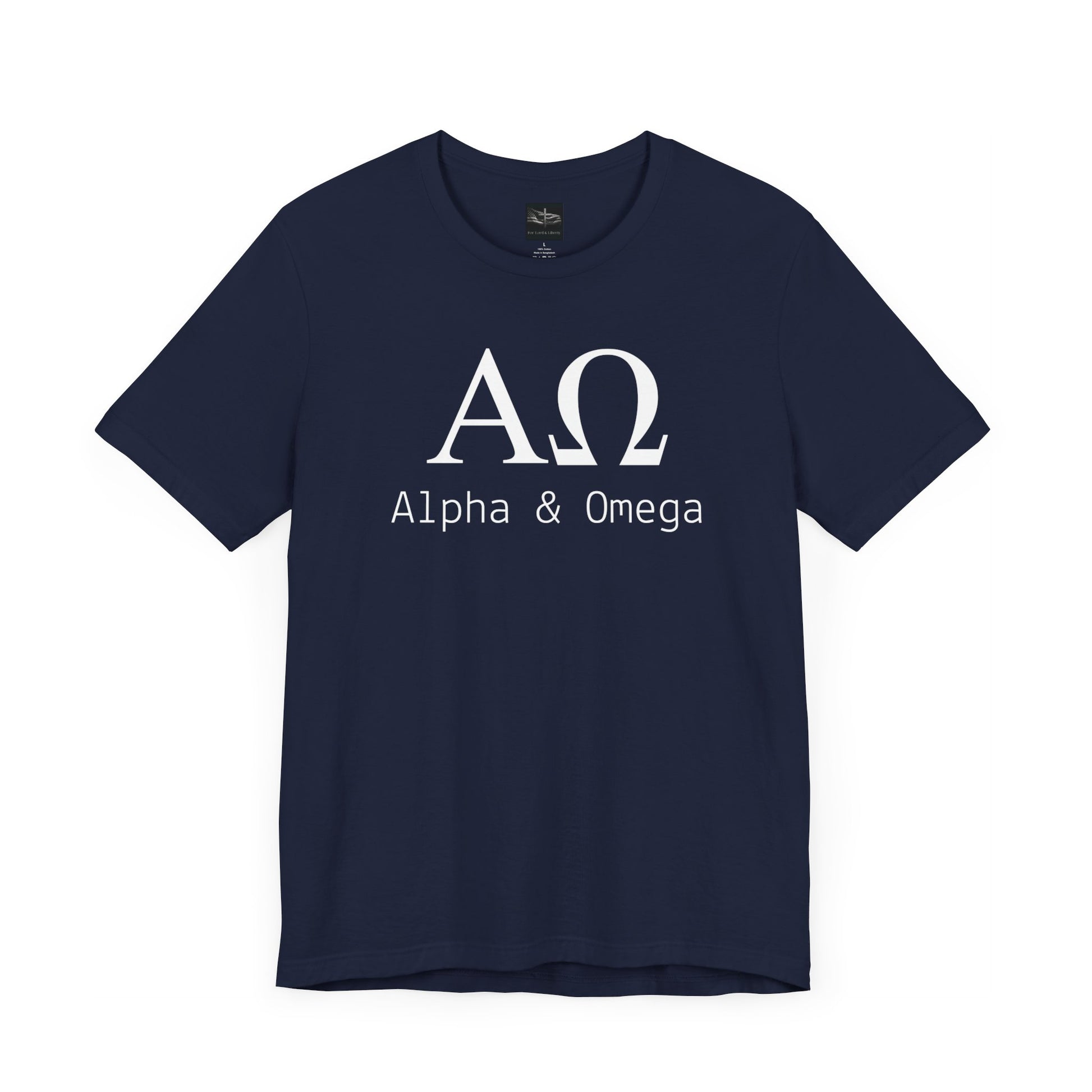 A navy t-shirt with the Greek symbols alpha and omega