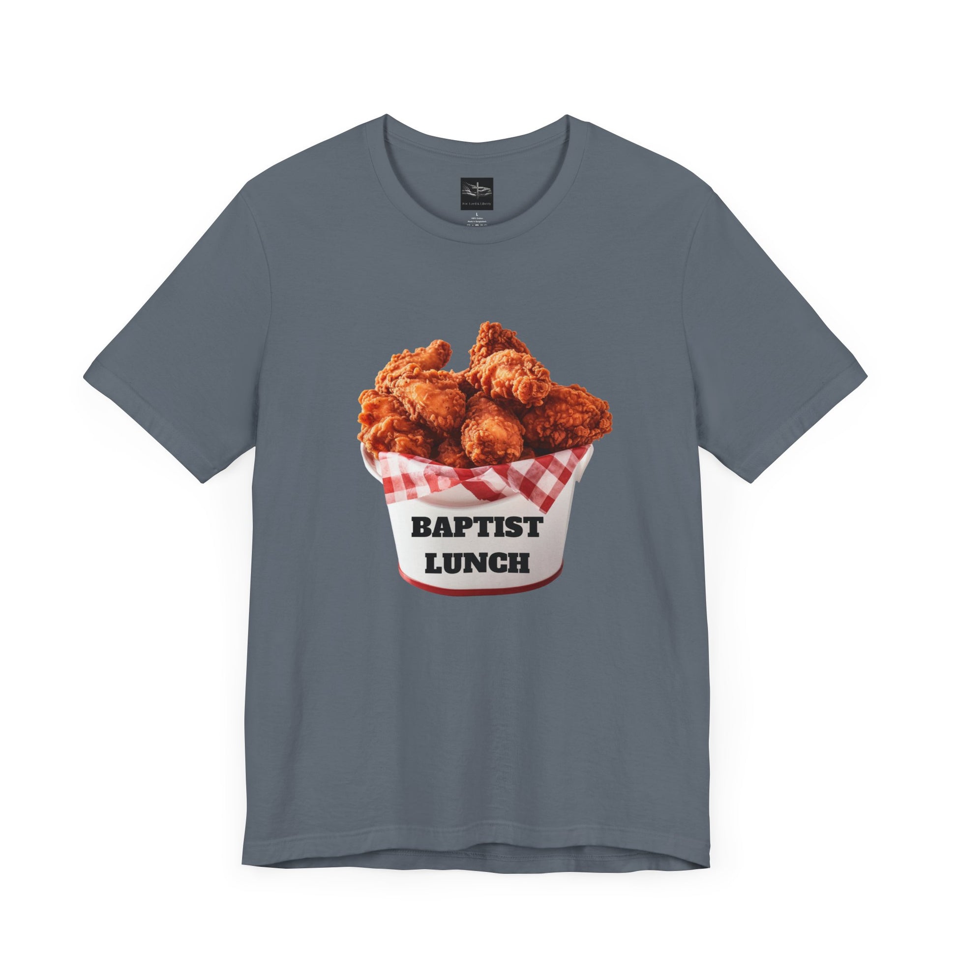 A steel blue t-shirt with a bucket of fried chicken with the words Baptist Lunch on it