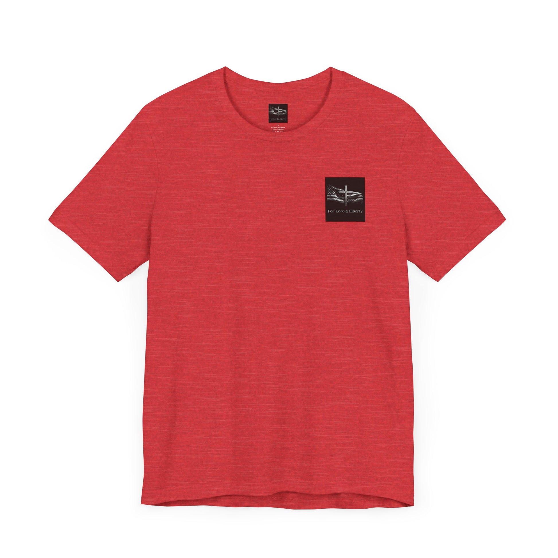 A red t-shirt with the for lord and liberty logo on the left pocket