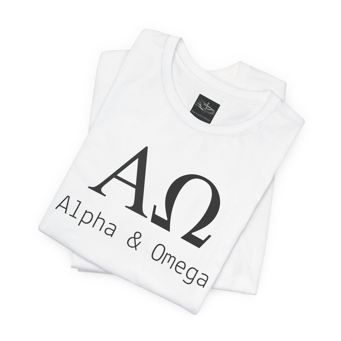 A white t-shirt with the Greek symbols alpha and omega