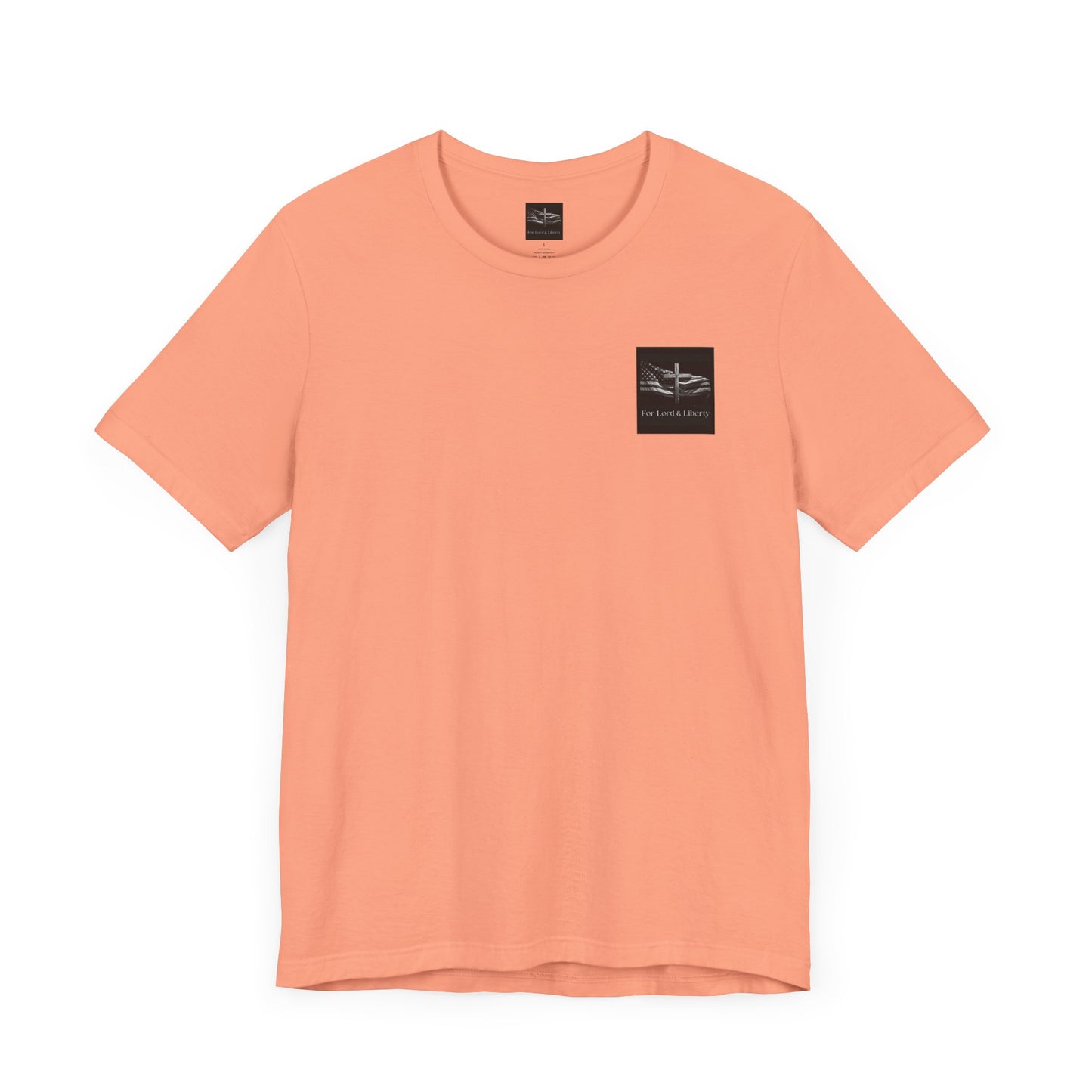 A sunset orange t-shirt with the For Lord & Liberty logo on the front left pocket