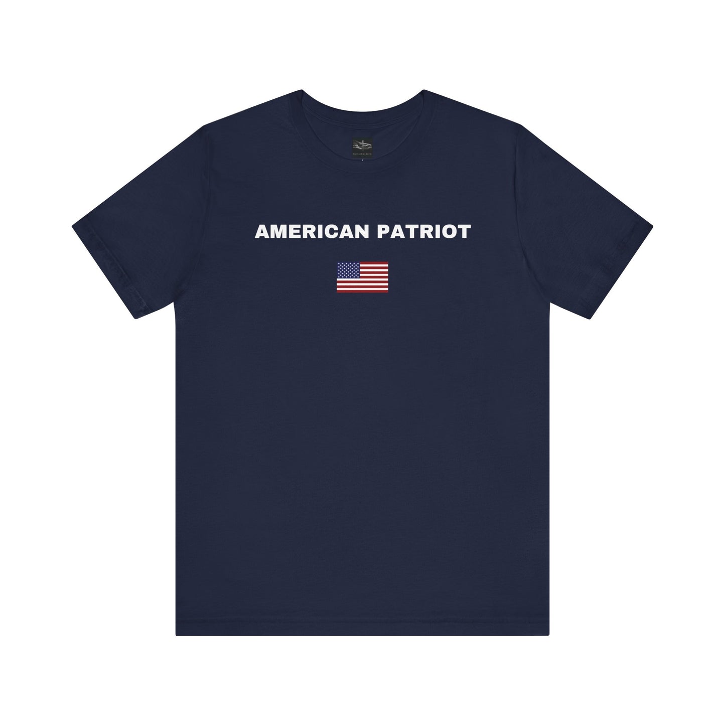 A navy t-shirt with the words American Patriot in white with an American flag